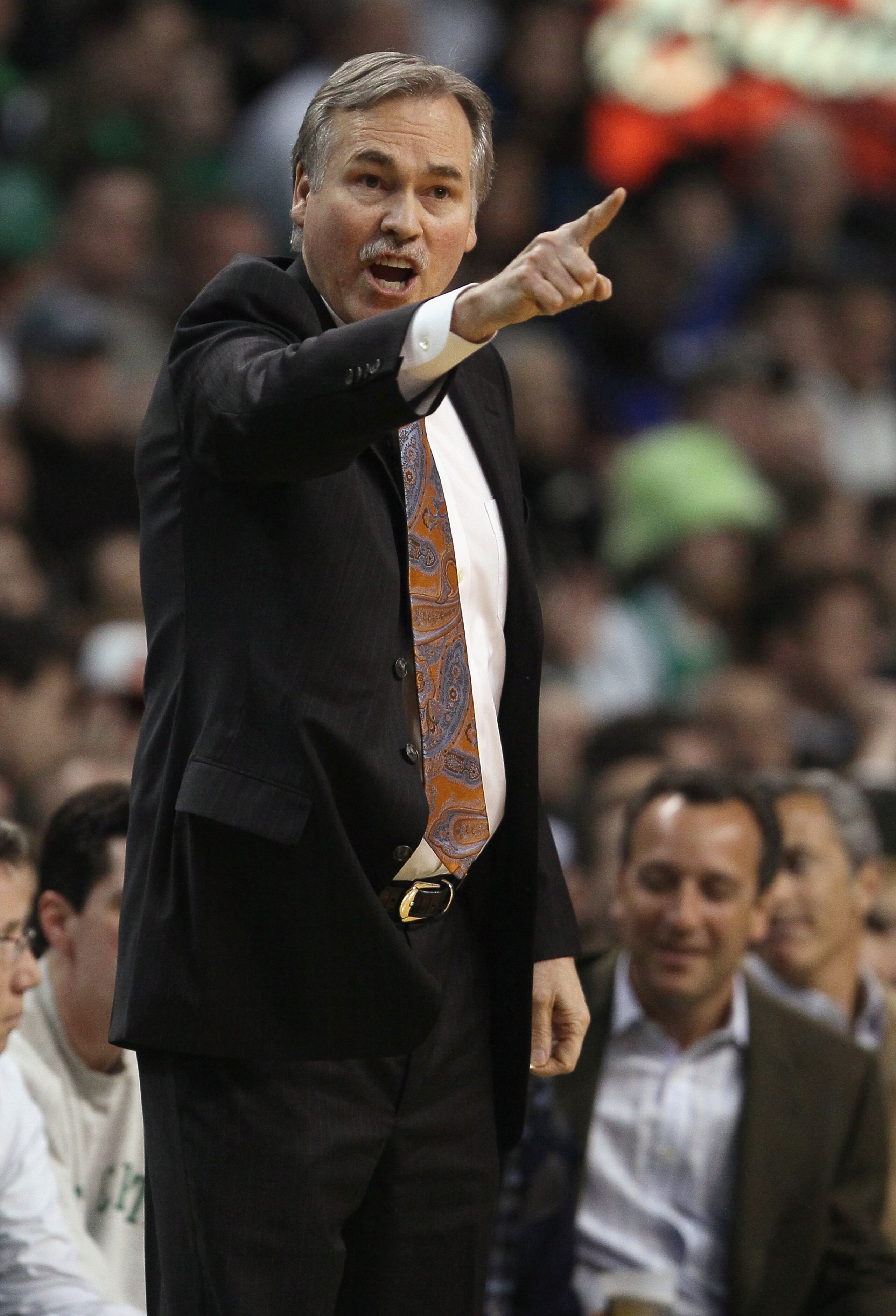 BOSTON, MA - APRIL 19: Mike D'Antoni of the New York Knicks directs his players in the first quarter against the Boston Celtics in Game Two of the Eastern Conference Quarterfinals in the 2011 NBA Playoffs on April 19, 2011 at the TD Garden in Boston, Mass