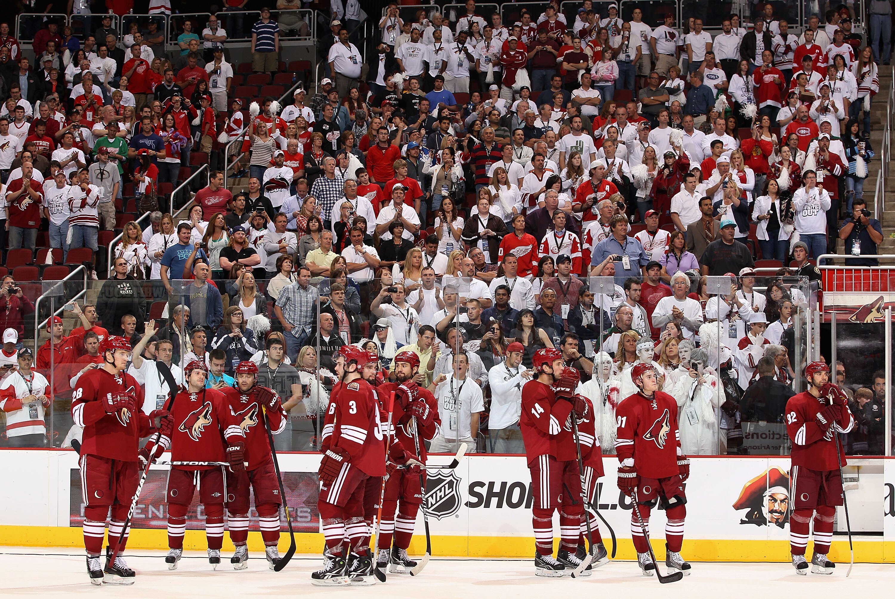 GLENDALE, AZ - APRIL 20:  The Phoenix Coyotes react after being defeated by the Detroit Red Wings in Game Four of the Western Conference Quarterfinals during the 2011 NHL Stanley Cup Playoffs at Jobing.com Arena on April 20, 2011 in Glendale, Arizona.  Th