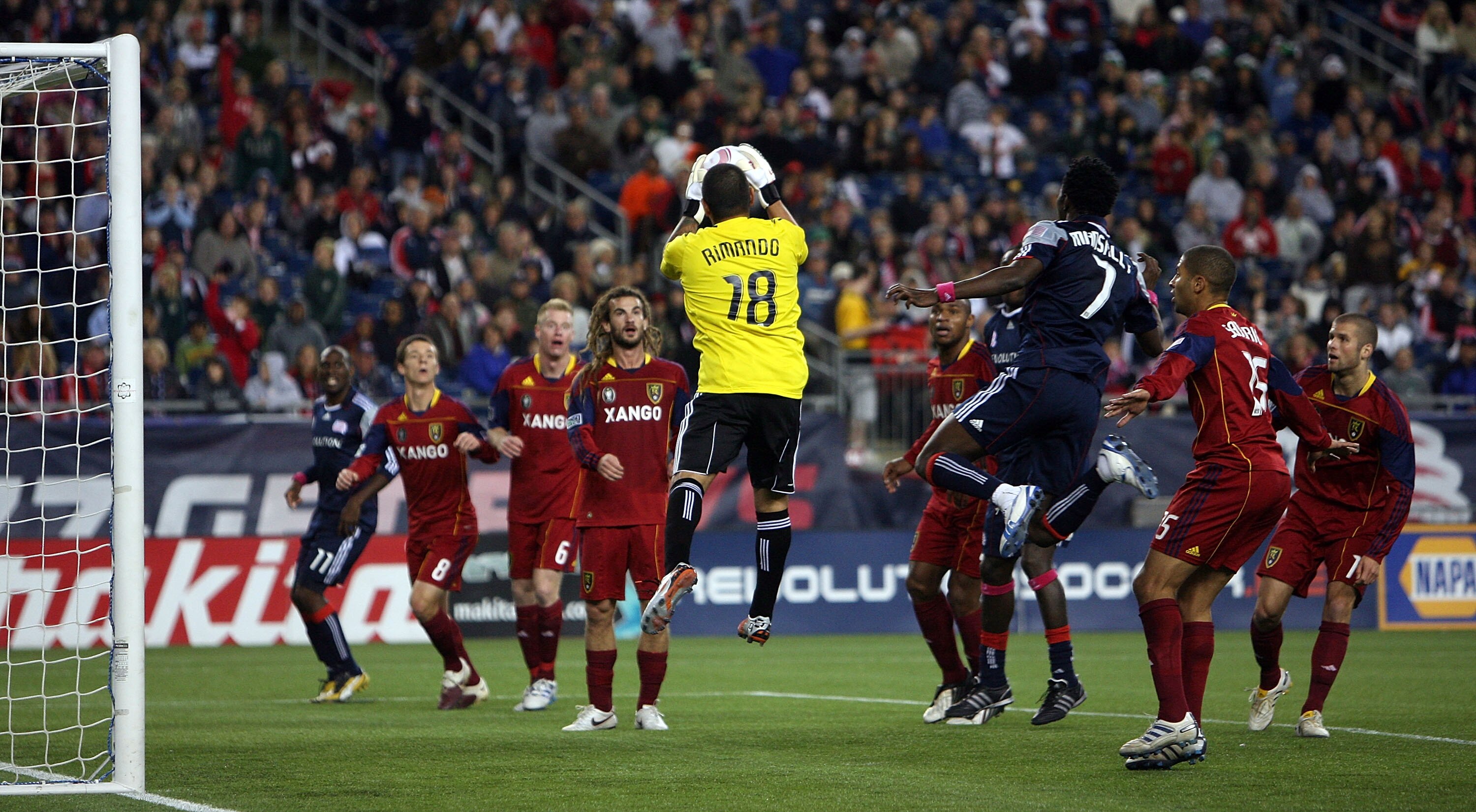 FOXBORO, MA - OCTOBER 2:   Nick Rimando #18 of the Real Salt Lake makes a save against the New England Revolution at Gillette Stadium on October 2, 2010 in Foxboro, Massachusetts. (Photo by Gail Oskin/Getty Images)