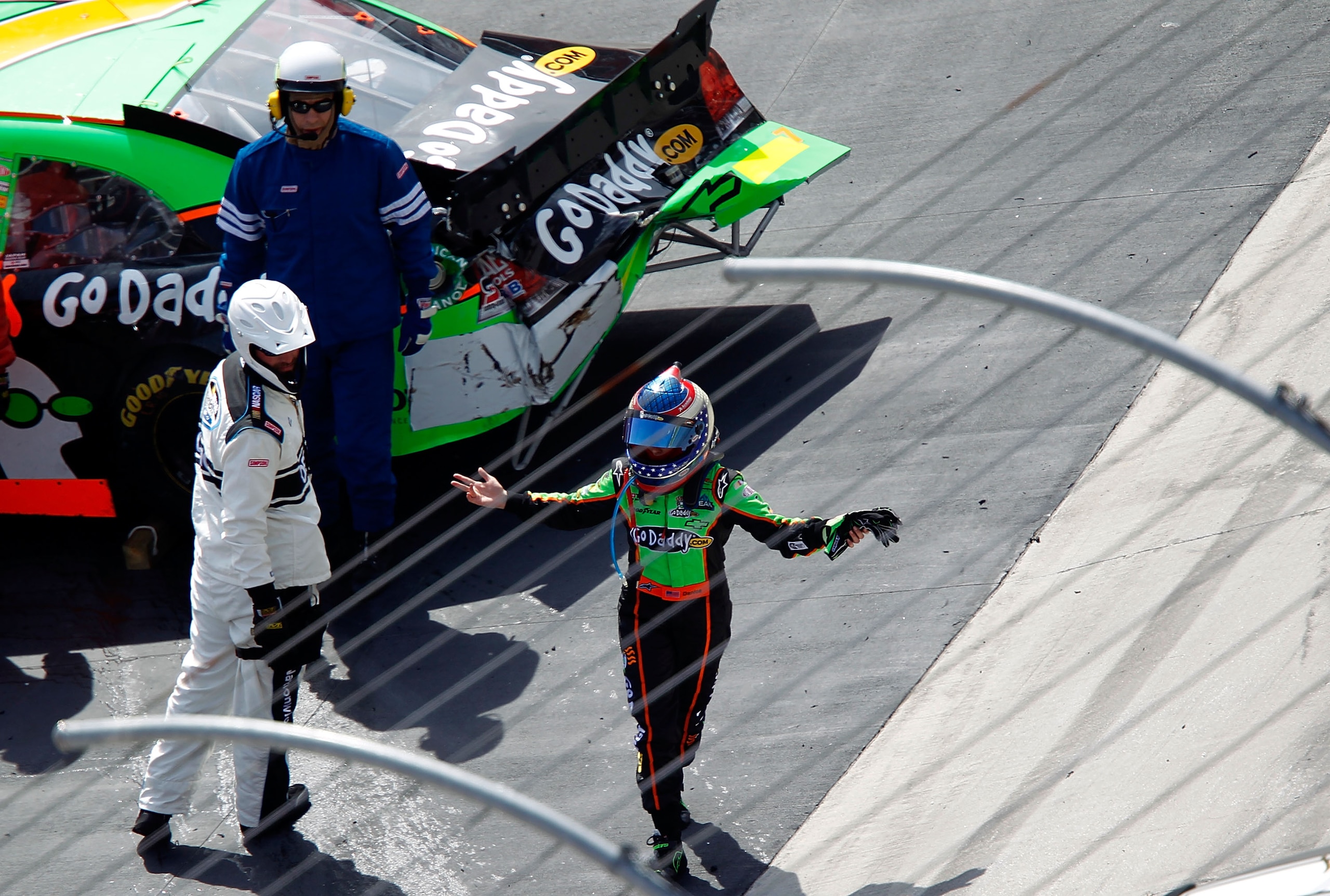 BRISTOL, TN - MARCH 19:  Danica Patrick (L), driver of the #7 GoDaddy.com Chevrolet, gestures after an incident in the NASCAR Nationwide Series Scotts EZ Seed 300 at Bristol Motor Speedway on March 19, 2011 in Bristol, Tennessee.  (Photo by Geoff Burke/Ge