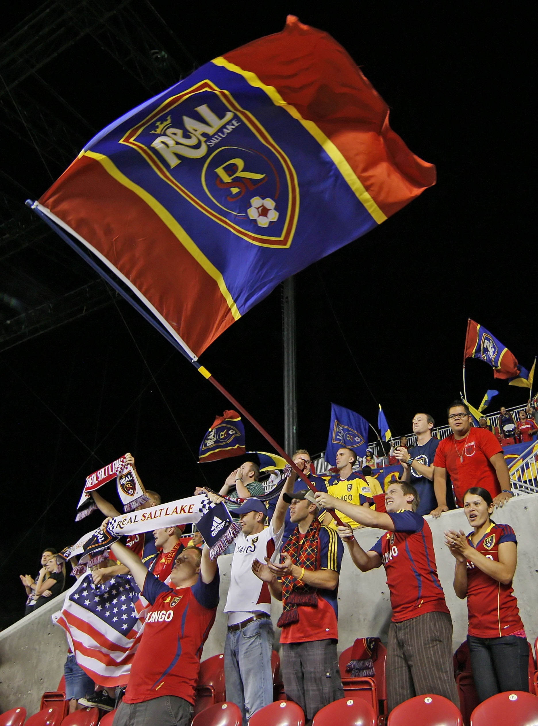 SANDY, UT - SEPTEMBER 15: Fans of Real Salt Lake cheer during a game aginst Toronto FC during the first half of a CONCACAF soccer game September 15, 2010 at Rio Tinto Stadium in Sandy, Utah. Salt Lake beat Toronto FC 4-1. (Photo by George Frey/Getty Image