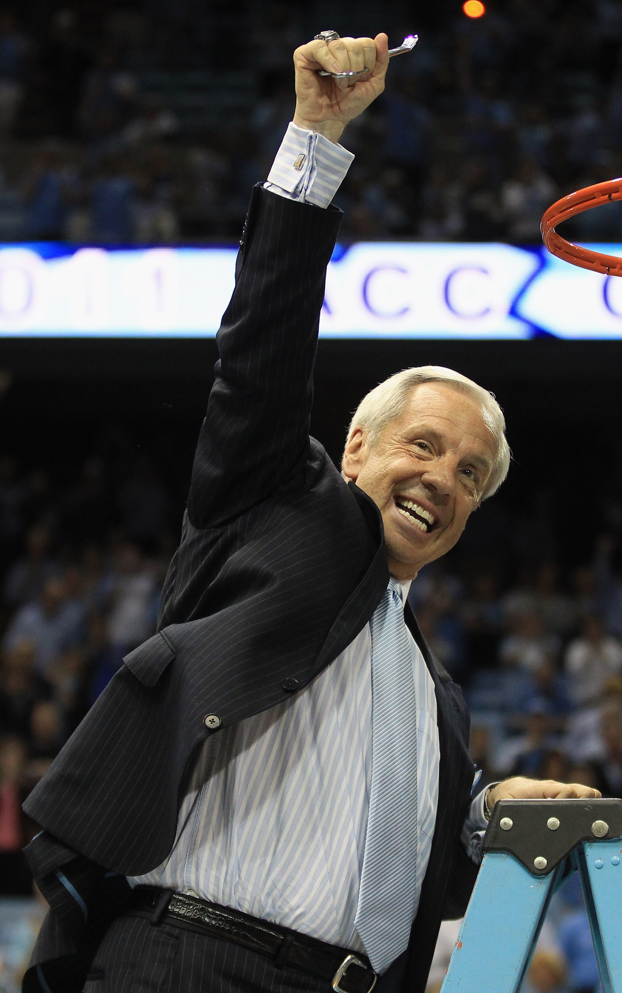 CHAPEL HILL, NC - MARCH 05:  Head coach Roy Williams of the North Carolina Tar Heels celebrates winning the ACC Regular Season Championship as they defeated the Duke Blue Devils 81-67 at the Dean E. Smith Center on March 5, 2011 in Chapel Hill, North Caro