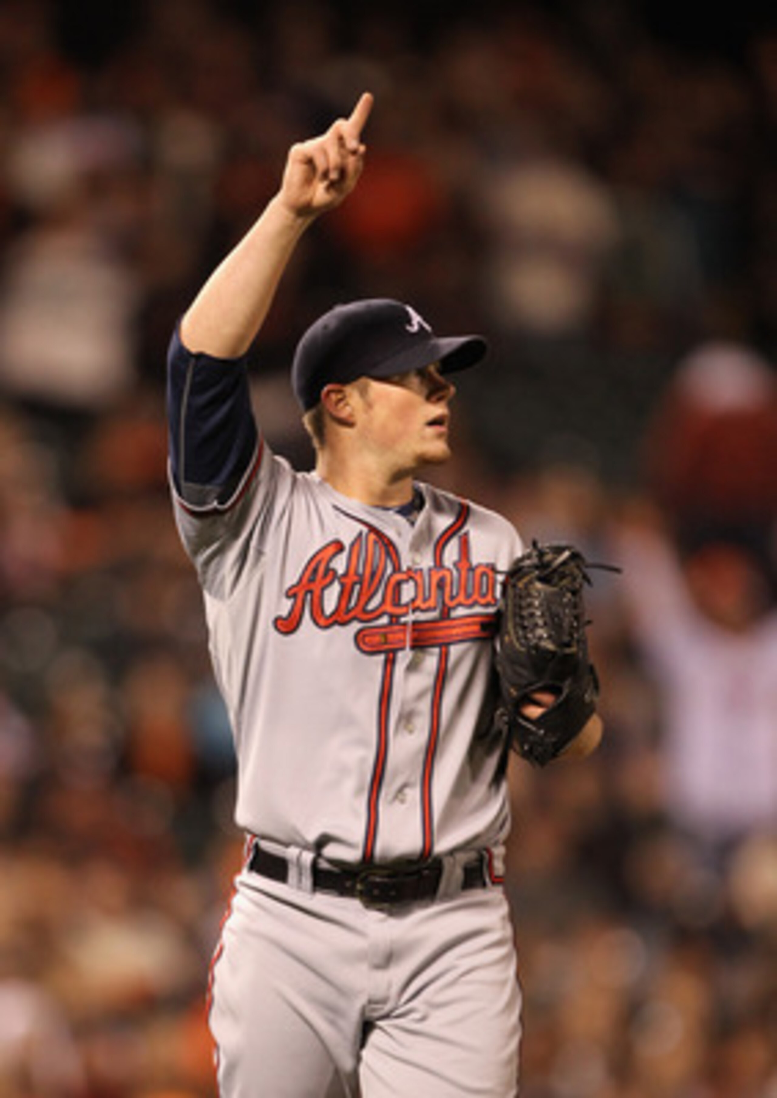 SAN FRANCISCO, CA - APRIL 22:  Craig Kimbrel #46 of the Atlanta Braves points to the air towards a pop fly that ended their game against the San Francisco Giants at AT&T Park on April 22, 2011 in San Francisco, California.  (Photo by Ezra Shaw/Getty Image