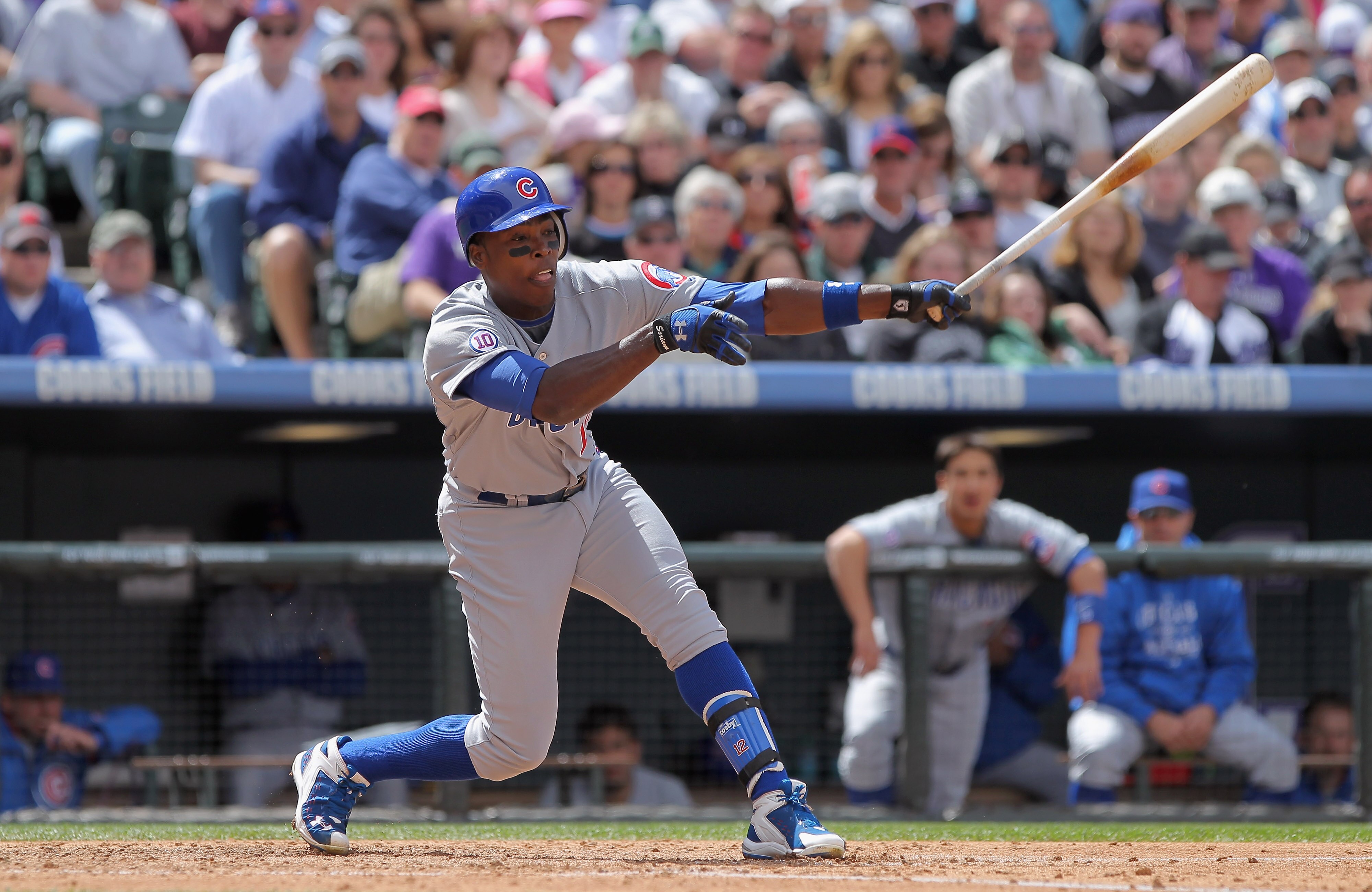 DENVER, CO - APRIL 17:  Alfonso Soriano #12 of the Chicago Cubs takes an at bat against the Colorado Rockies at Coors Field on April 17, 2011 in Denver, Colorado.  (Photo by Doug Pensinger/Getty Images)