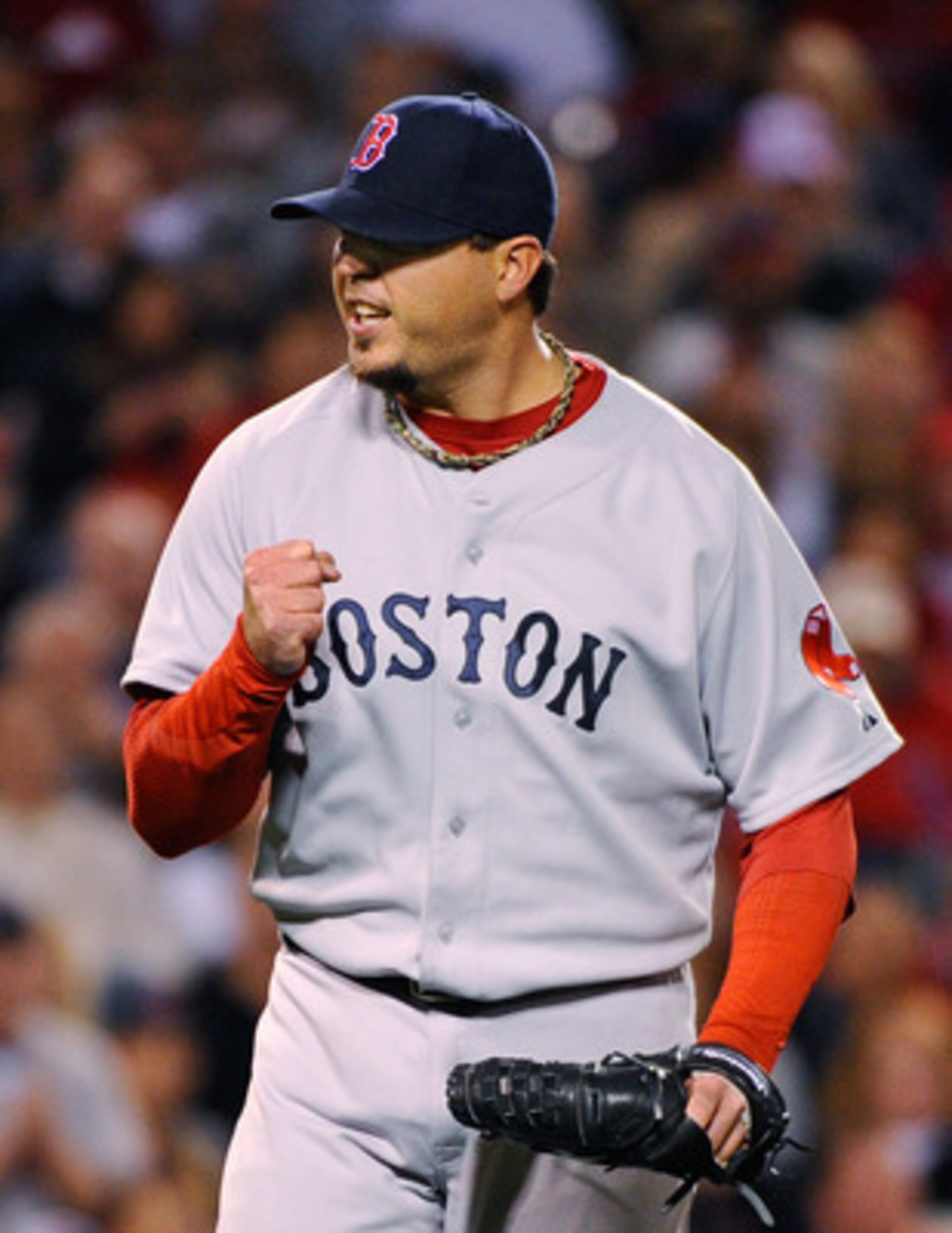 ANAHEIM, CA - APRIL 21:  PitcherJosh Beckett #19 of the Boston Red Sox pumps his fist after after Torii Hunter #48 of the Los Angeles Angels of Anaheim grounded out for the last out of the fourth inning of the baseball game with a runner in scoring positi