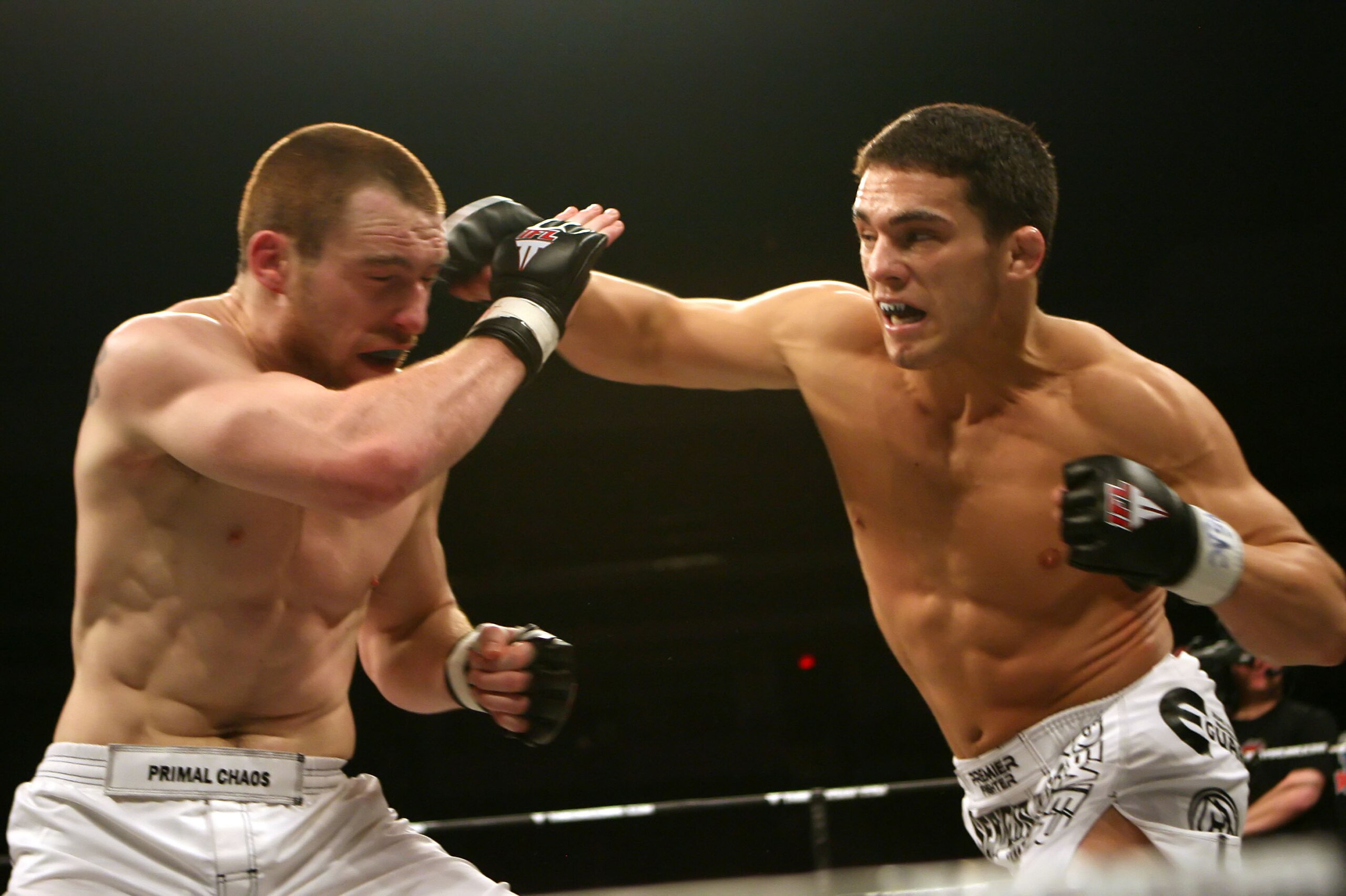 LAS VEGAS - FEBRUARY 29:  Jake Ellenberger white trunks black lettering of Team Quest fights against Pat Healy white trunks of Lion's Den during their welterweight bout at The Orleans Arena on February 29, 2008 in Las Vegas, Nevada.  (Photo by Ethan Mille