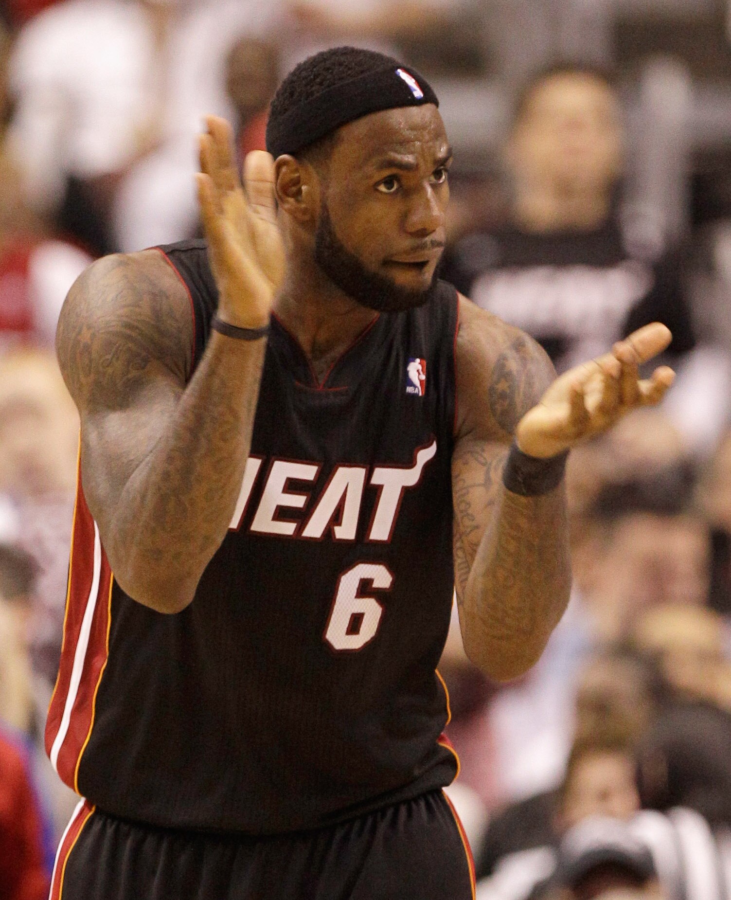 PHILADELPHIA, PA - APRIL 21:  LeBron James #6 of the Miami Heat reacts after a play against the Philadelphia 76ers during the second half of game three of the Eastern Conference Quarterfinals at Wells Fargo Center on April 21, 2011 in Philadelphia, Pennsy