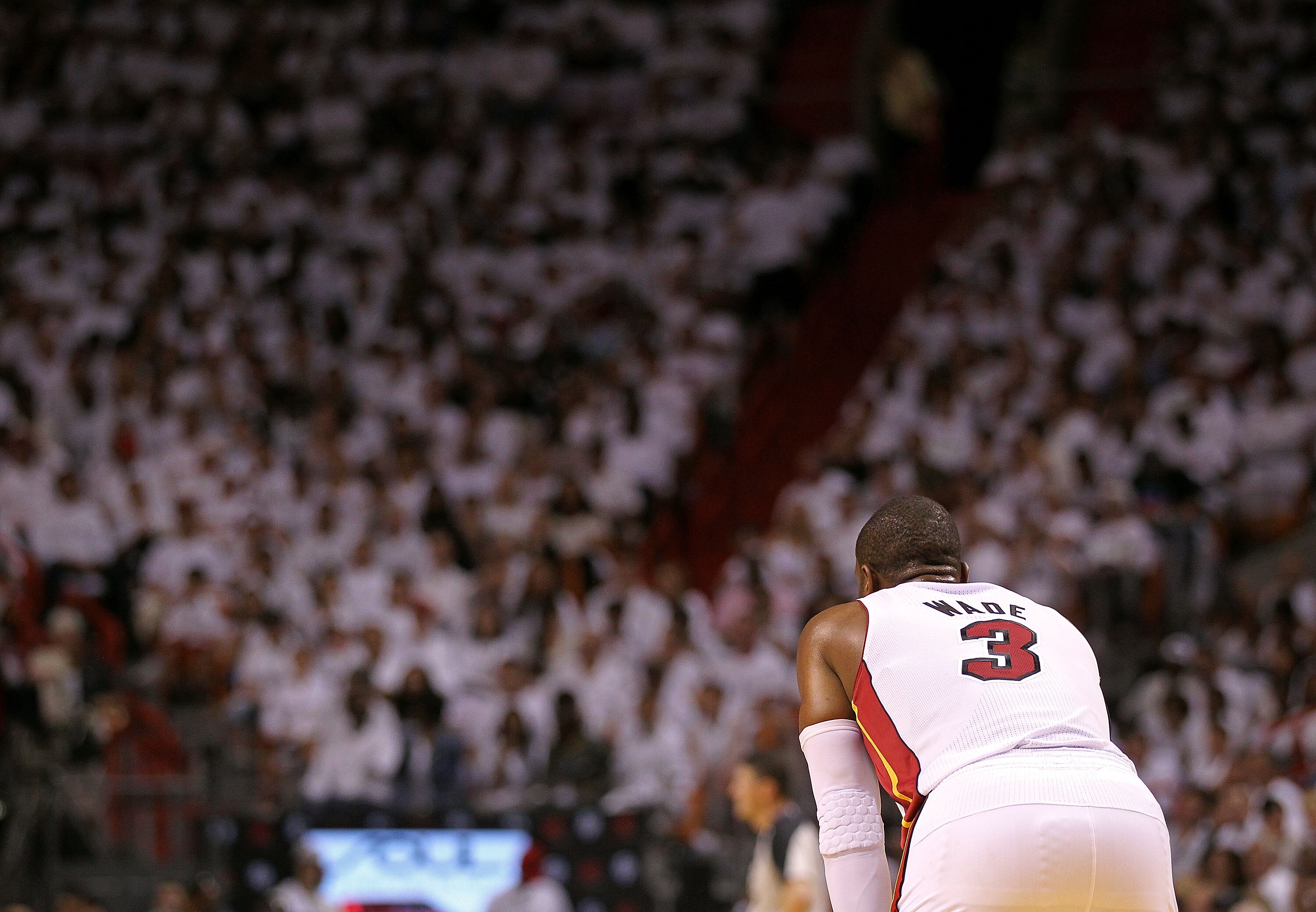 MIAMI, FL - APRIL 18:  Dwyane Wade #3 of the Miami Heat looks on  during game two of the Eastern Conference Quarterfinals against the Philadelphia 76ers at American Airlines Arena on April 18, 2011 in Miami, Florida. NOTE TO USER: User expressly acknowled
