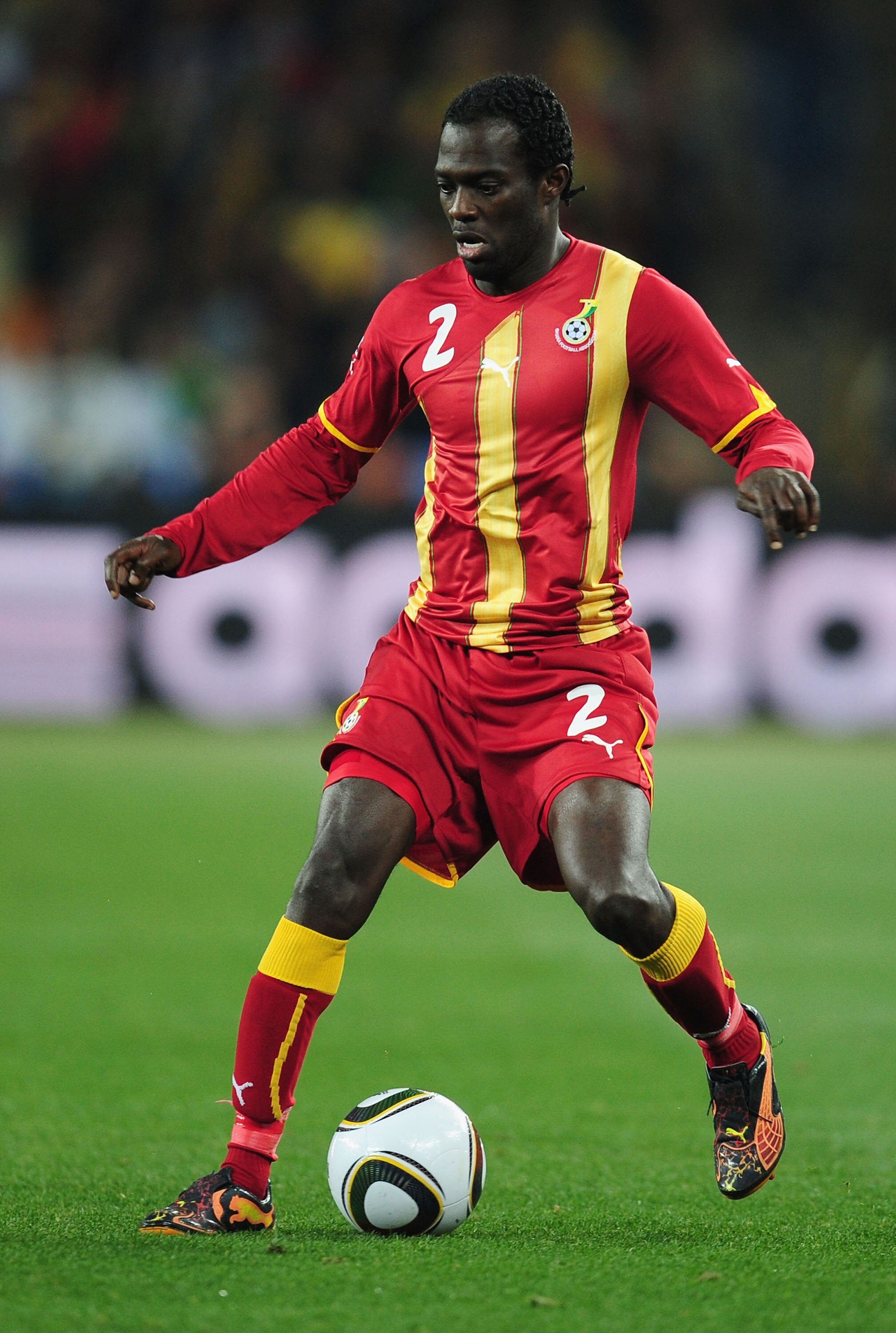 JOHANNESBURG, SOUTH AFRICA - JULY 02:  Hans Sarpei of Ghana controls the ball during the 2010 FIFA World Cup South Africa Quarter Final match between Uruguay and Ghana at the Soccer City stadium on July 2, 2010 in Johannesburg, South Africa.  (Photo by Cl