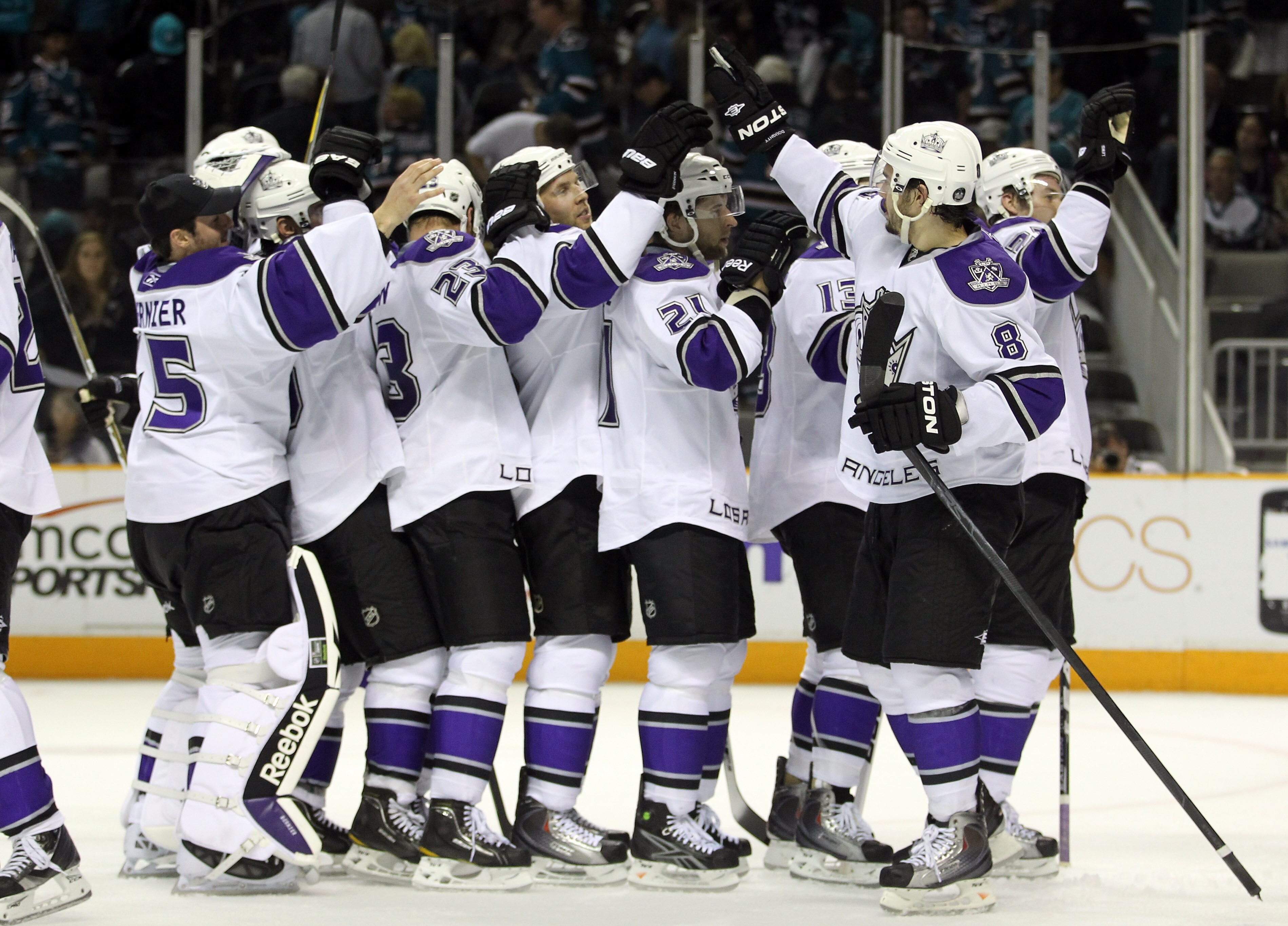 SAN JOSE, CA - APRIL 23: The Los Angeles Kings celebrate after they beat the San Jose Sharks in game five of the Western Conference Quarterfinals during the 2011 NHL Stanley Cup Playoffs at HP Pavilion on April 23, 2011 in San Jose, California.  (Photo by