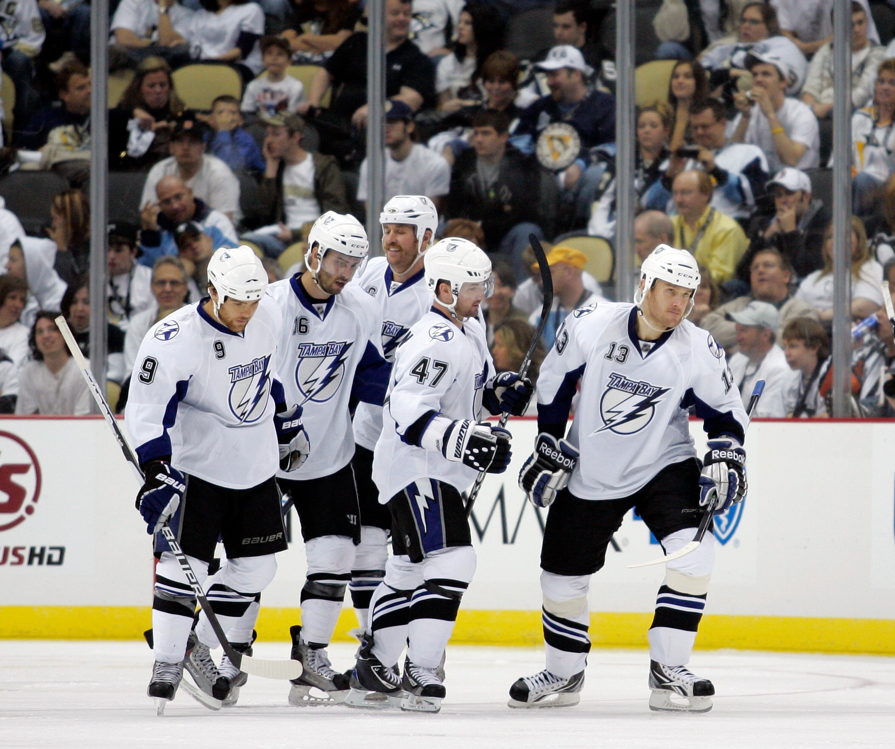 PITTSBURGH, PA - APRIL 23:  Pavel Kubina #13 of the Tampa Bay Lightning celebrates his third period goal against the Pittsburgh Penguins in Game Five of the Eastern Conference Quarterfinals during the 2011 NHL Stanley Cup Playoffs at Consol Energy Center 