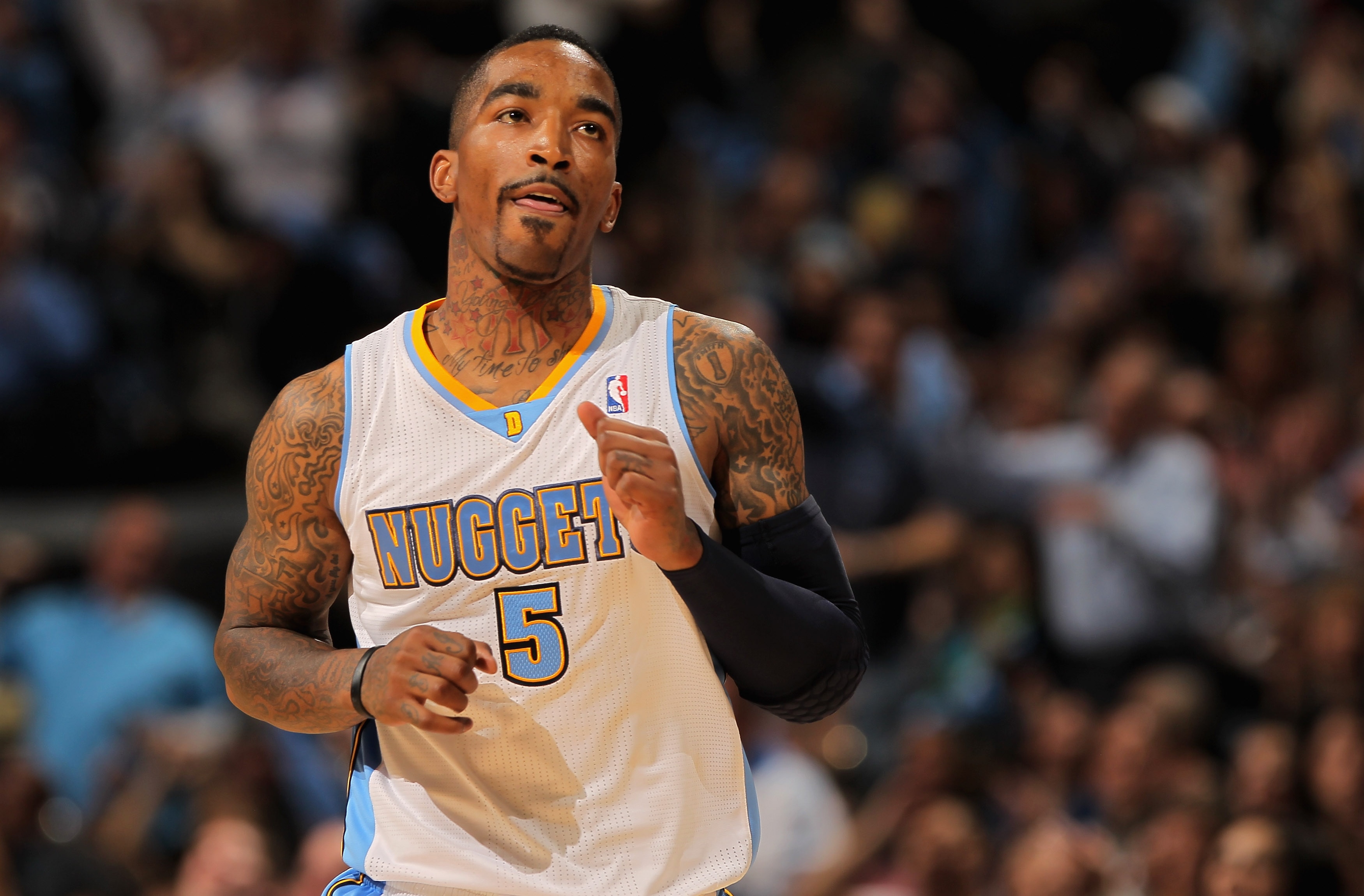 DENVER, CO - APRIL 23:  J.R. Smith #5 of the Denver Nuggets celebrates a three point shot against the Oklahoma City Thunder in Game Three of the Western Conference Quarterfinals in the 2011 NBA Playoffs on April 23, 2011 at the Pepsi Center in Denver, Col