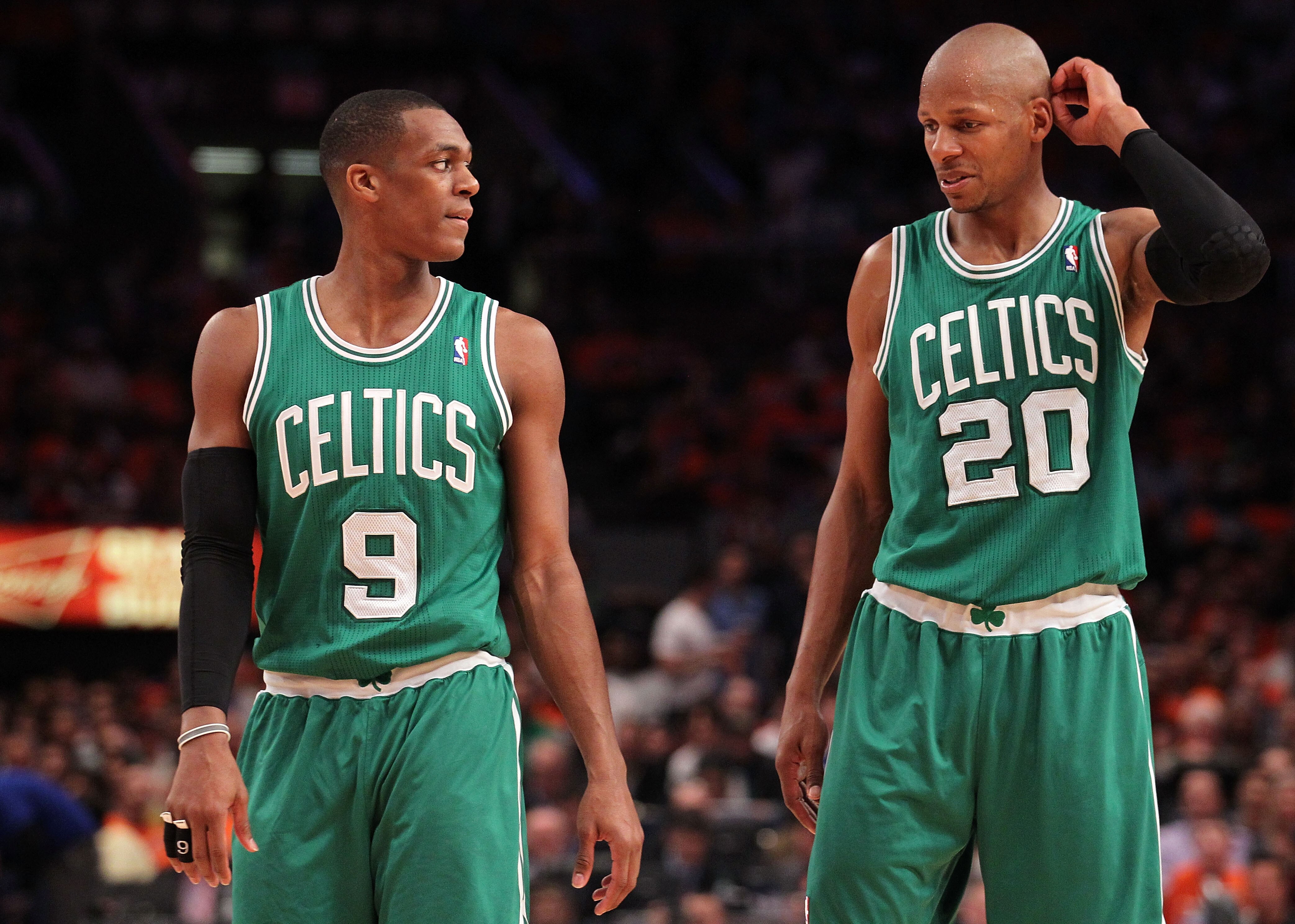 NEW YORK, NY - APRIL 24:  (L-R) Rajon Rondo #9 and Ray Allen #20 of the Boston Celtics talk on court against the New York Knicks in Game Four of the Eastern Conference Quarterfinals during the 2011 NBA Playoffs on April 24, 2011 at Madison Square Garden i