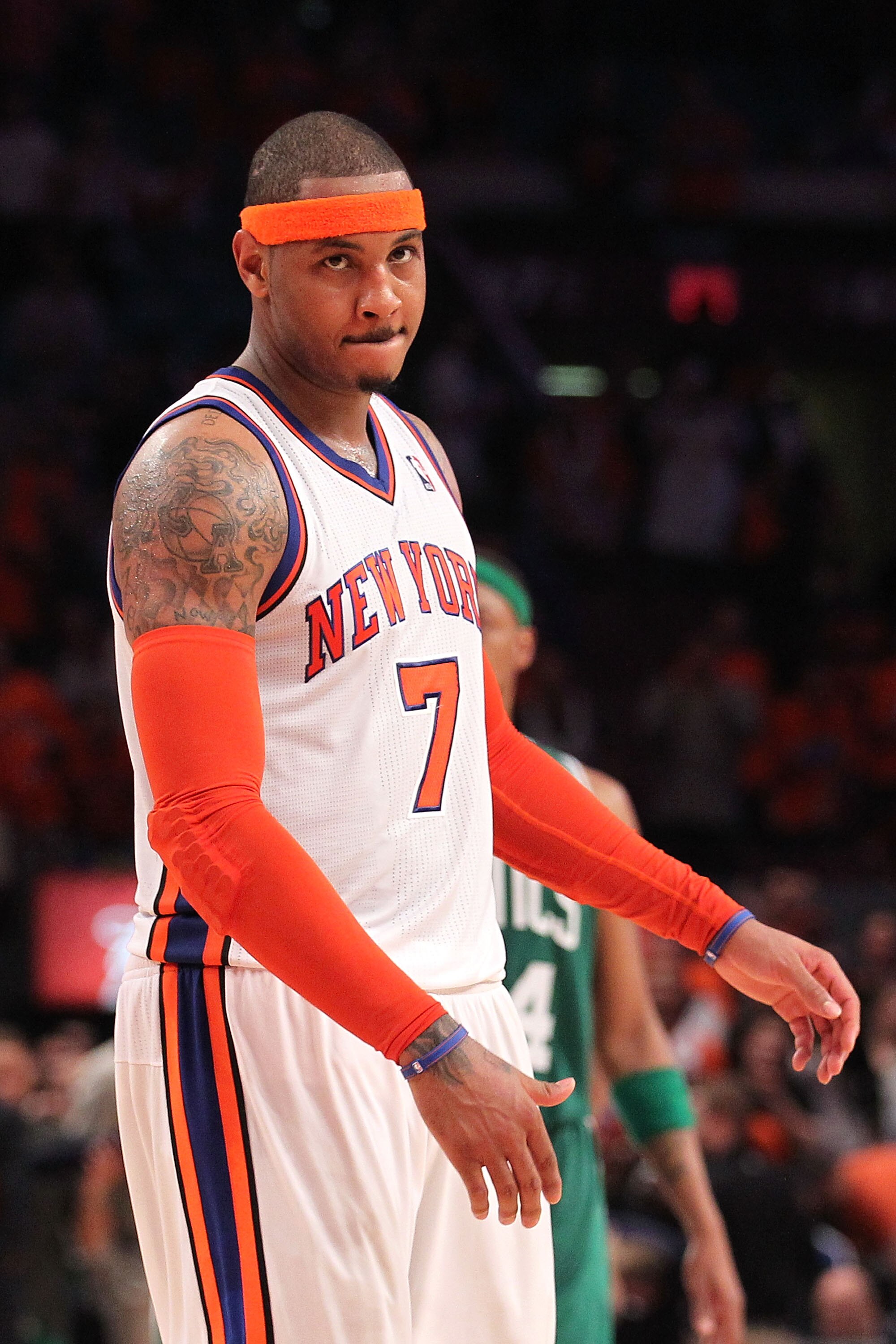 NEW YORK, NY - APRIL 24:  Carmelo Anthony #7 of the New York Knicks reacts against the Boston Celtics in Game Four of the Eastern Conference Quarterfinals during the 2011 NBA Playoffs on April 24, 2011 at Madison Square Garden in New York City. NOTE TO US