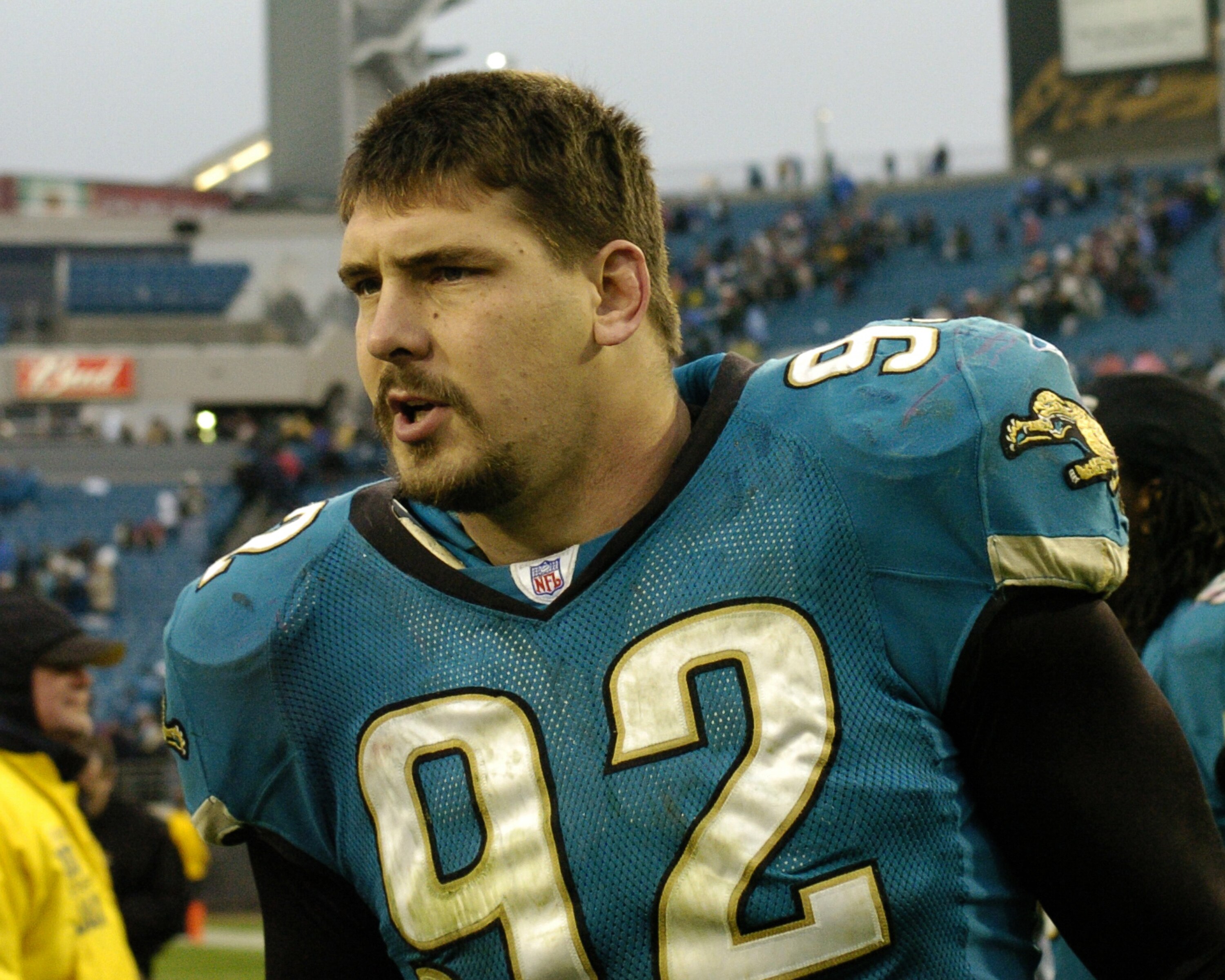 Jacksonville Jaguars defensive tackle Rob Meier leaves the field after play  against the San Francisco 49ers  December 18, 2005 in Jacksonville.    The Jaguars defeated the 49ers 10 - 9.  (Photo by Al Messerschmidt/Getty Images)