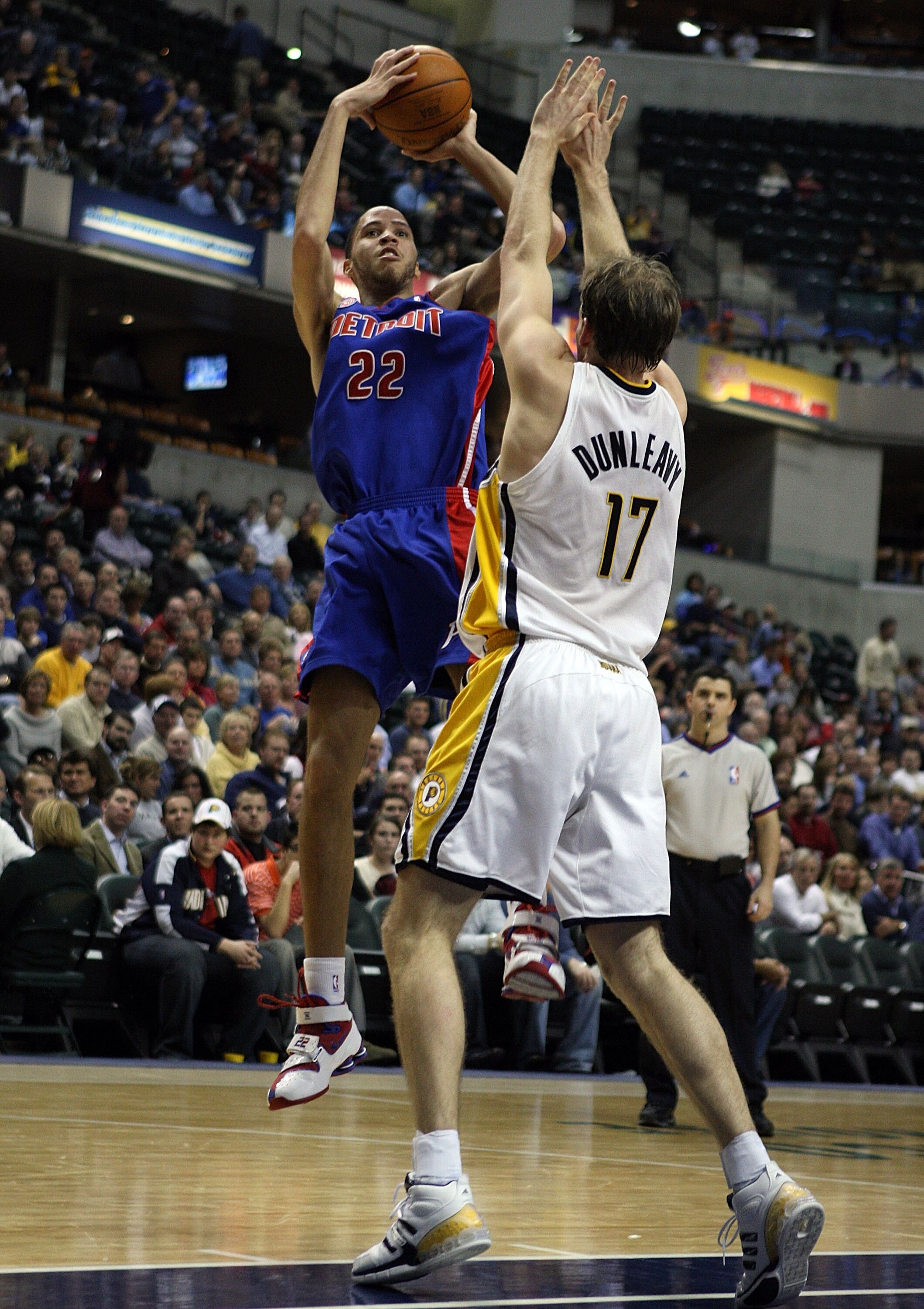 INDIANAPOLIS - JANUARY 29: Tayshaun Prince #22 of the Detroit Pistons shoots the ball over Mike Dunleavy #17 of the Indiana Pacers during the NBA game on January 29, 2008 at Conseco Fieldhouse in Indianapolis, Indiana. NOTE TO USER: User expressly acknowl