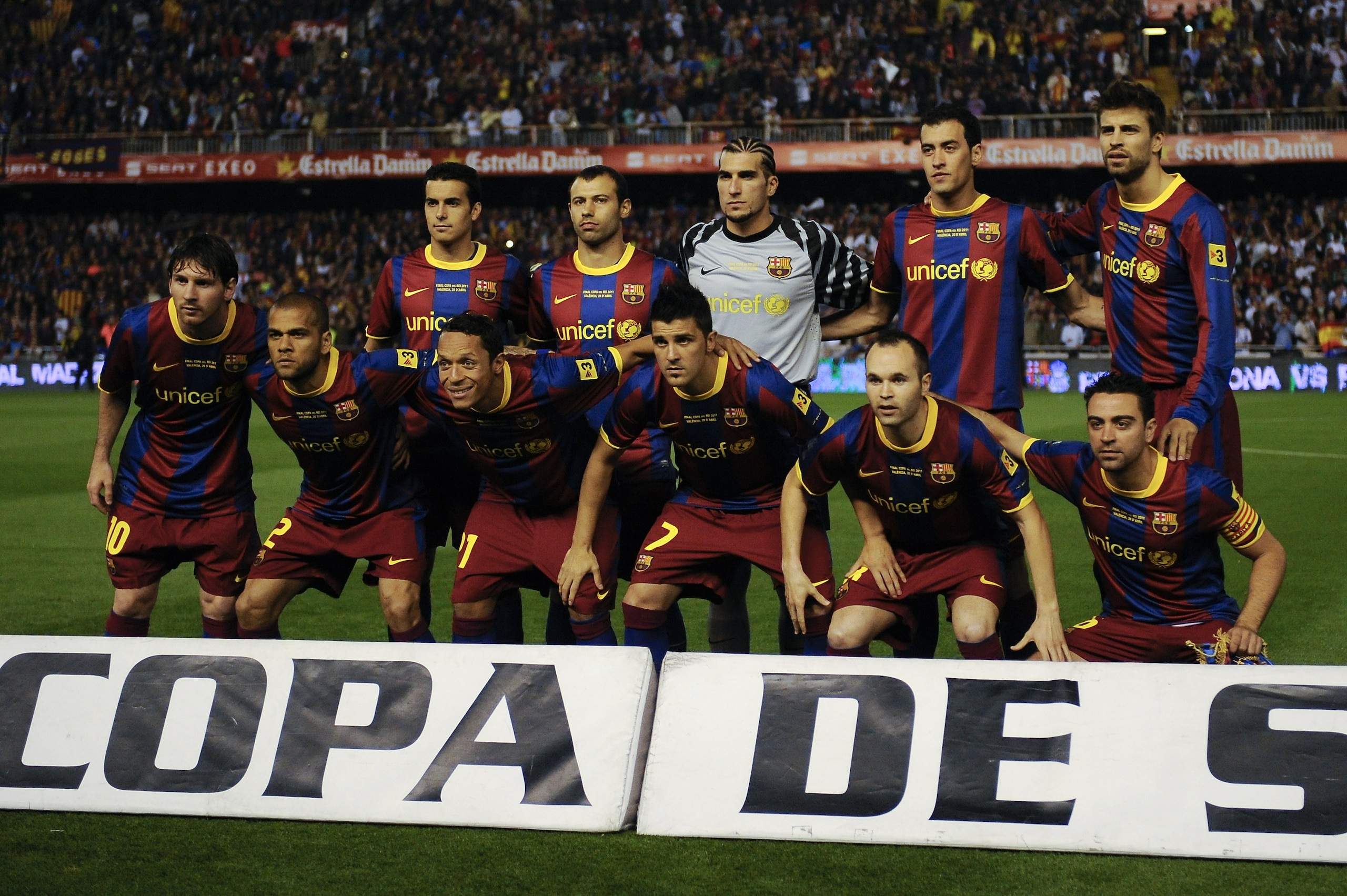 VALENCIA, SPAIN - APRIL 20: (L to R) Lionel Messi, Dani Alves, Pedro Rodriguez, Adriano, Javier Mascherano, David Villa, Jose Pinto, Andres Inieta, Sergio Busquets, Xavi Hernandez, Gerard Pique of FC Barcelona pose prior the Copa del Rey Final between Re VALENCIA, SPAIN - APRIL 20: (L to R) Lionel Messi, Dani Alves, Pedro Rodriguez, Adriano, Javier Mascherano, David Villa, Jose Pinto, Andres Inieta, Sergio Busquets, Xavi Hernandez, Gerard Pique of FC Barcelona pose prior the Copa del Rey Final between Re
