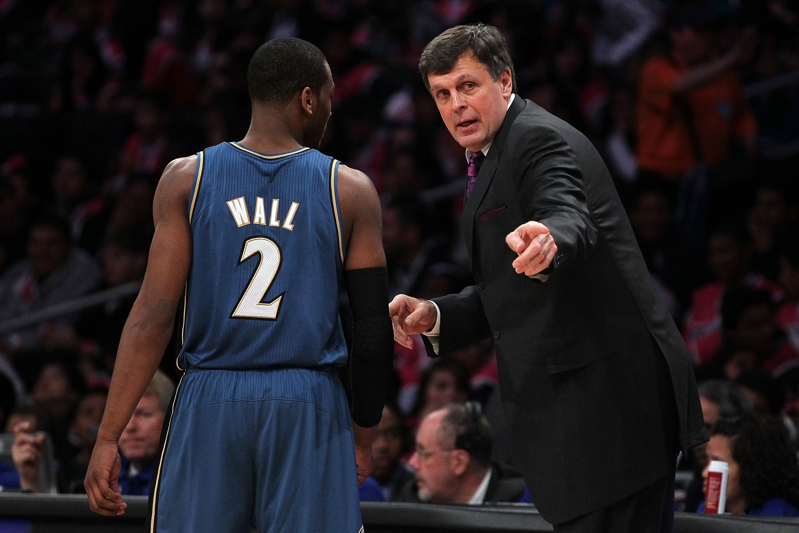 LOS ANGELES, CA - FEBRUARY 18: Assistant coach Kevin McHale of the Rookie Team talks with John Wall #2 of the Washington Wizards and the Rookie Team in the first half during the T-Mobile Rookie Challenge and Youth Jam at Staples Center on February 18, 20 LOS ANGELES, CA - FEBRUARY 18: Assistant coach Kevin McHale of the Rookie Team talks with John Wall #2 of the Washington Wizards and the Rookie Team in the first half during the T-Mobile Rookie Challenge and Youth Jam at Staples Center on February 18, 20