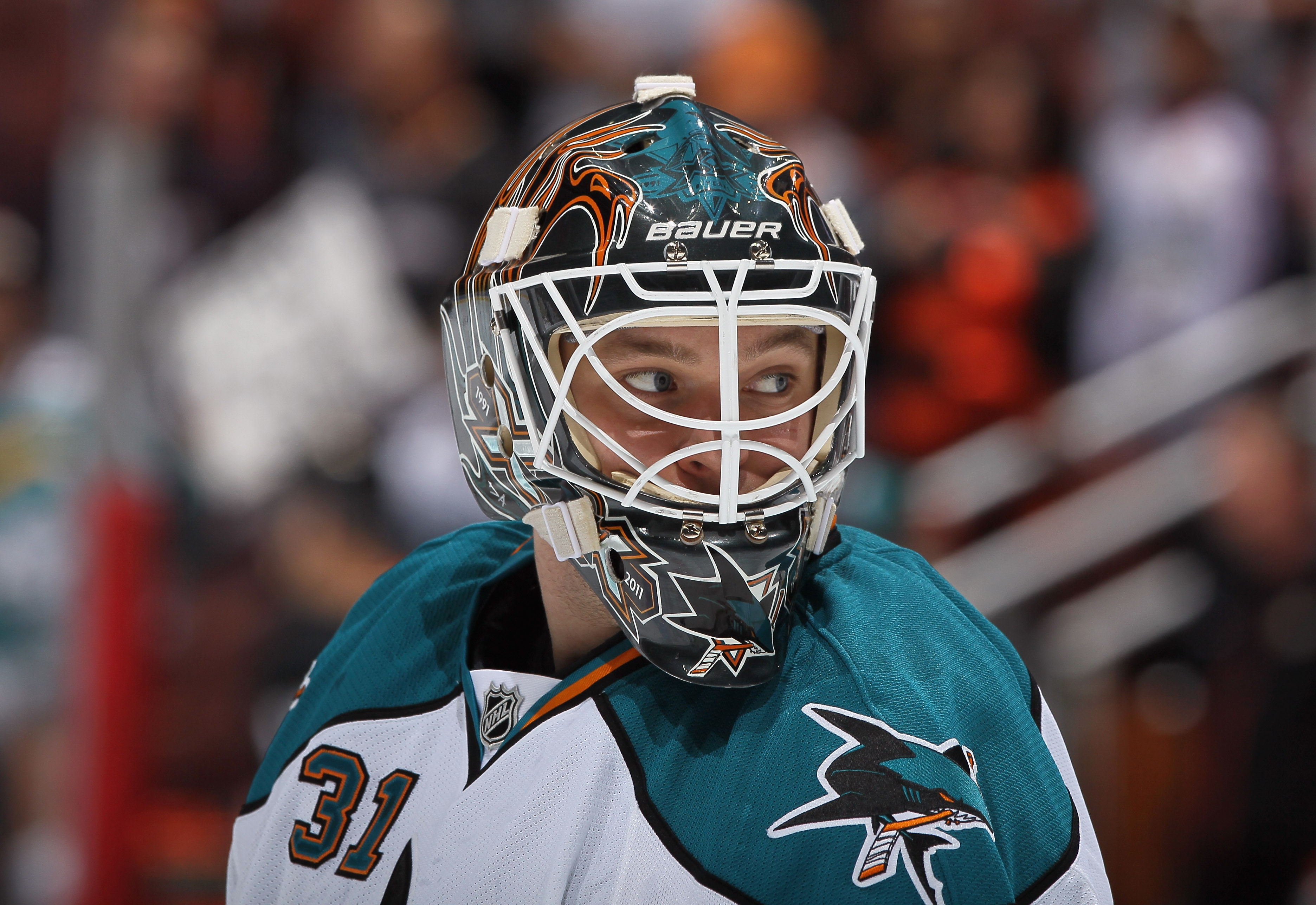 ANAHEIM, CA - APRIL 06:  Antti Niemi #31 of the San Jose Sharks looks on prior to the start of the game against the Anaheim Ducks at Honda Center on April 6, 2011 in Anaheim, California.  (Photo by Jeff Gross/Getty Images)