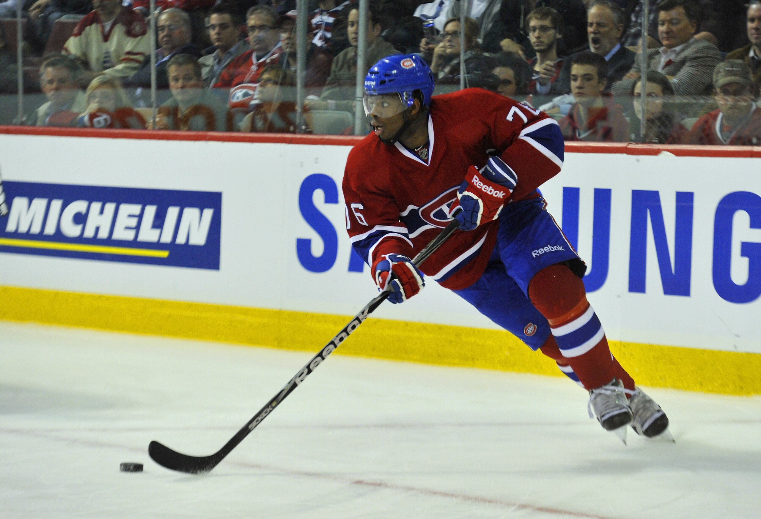 MONTREAL, CANADA - APRIL 18:  P.K. Subban #76 of the Montreal Canadiens turns up ice with the puck in Game Three of the Eastern Conference Quarterfinals against the Boston Bruins during the 2011 NHL Stanley Cup Playoffs at the Bell Centre on April 18, 201
