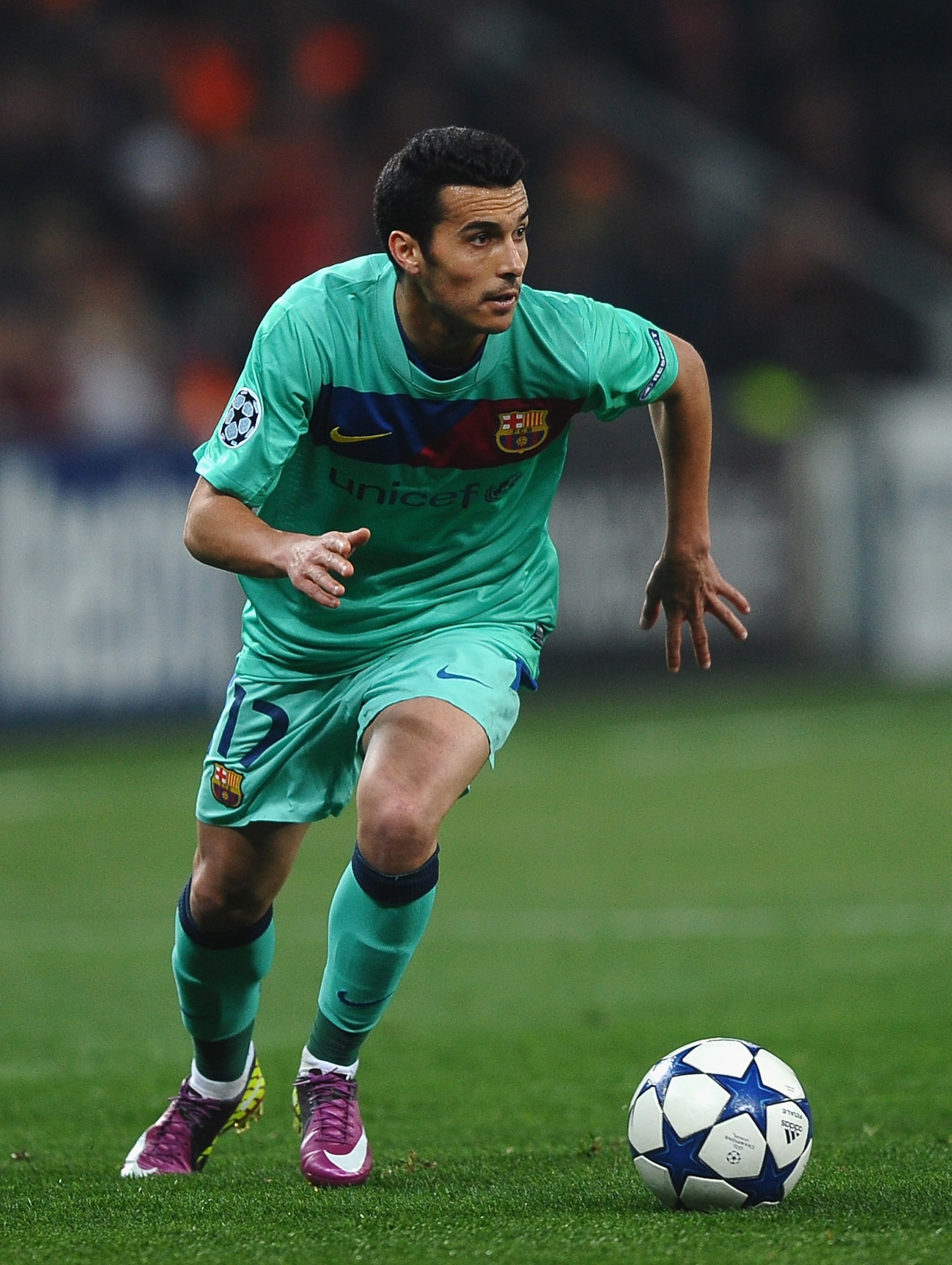 DONETSK, UKRAINE - APRIL 12: Pedro Rodriguez of Barcelona in action during the UEFA Champions League Quarter Final 2nd Leg match between Shakhtar Donetsk and Barcelona at the Donbass Arena on April 12, 2011 in Donetsk, Ukraine. (Photo by Laurence Griffi DONETSK, UKRAINE - APRIL 12: Pedro Rodriguez of Barcelona in action during the UEFA Champions League Quarter Final 2nd Leg match between Shakhtar Donetsk and Barcelona at the Donbass Arena on April 12, 2011 in Donetsk, Ukraine. (Photo by Laurence Griffi