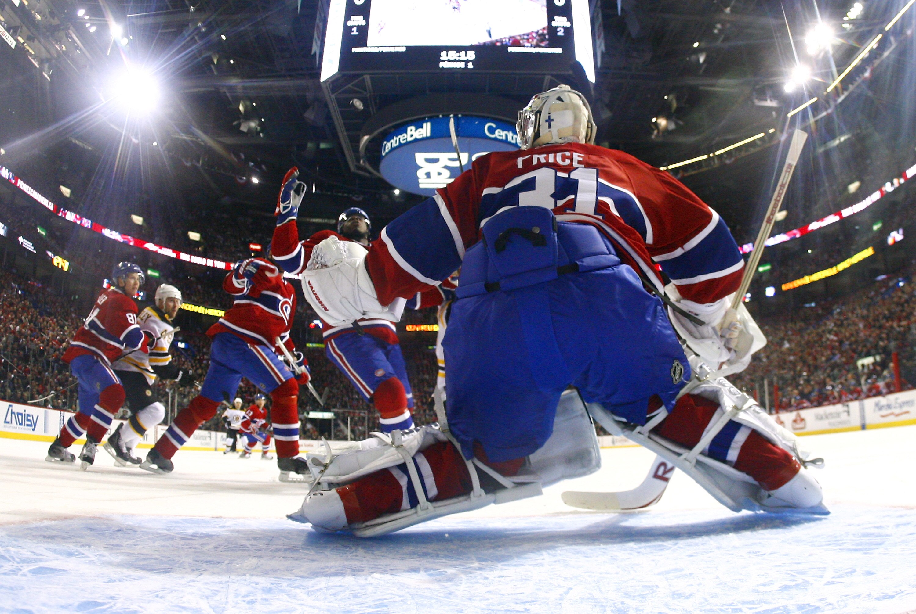 MONTREAL, CANADA - APRIL 21:  Carey Price #31 of the Montreal Canadiens looks on as teammate P.K. Subban #76 tries to grab a high loose puck in Game Four of the Eastern Conference Quarterfinals against the Boston Bruins during the 2011 NHL Stanley Cup Pla