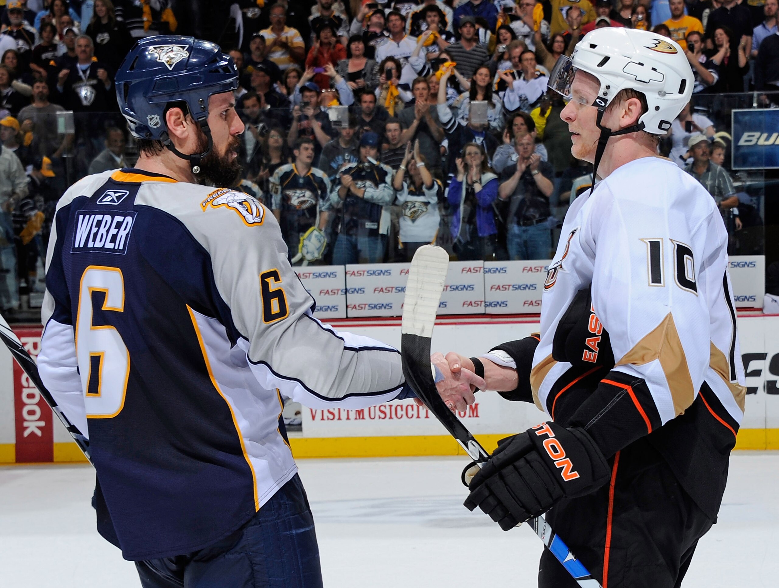 NASHVILLE, TN - APRIL 24:  Corey Perry #10 of the Anaheim Ducks shakes hands with Shea Weber #6 of the Nashville Predators after Game Six of the Western Conference Quarterfinals during the 2011 NHL Stanley Cup Playoffs at Bridgestone Arena on April 24, 20