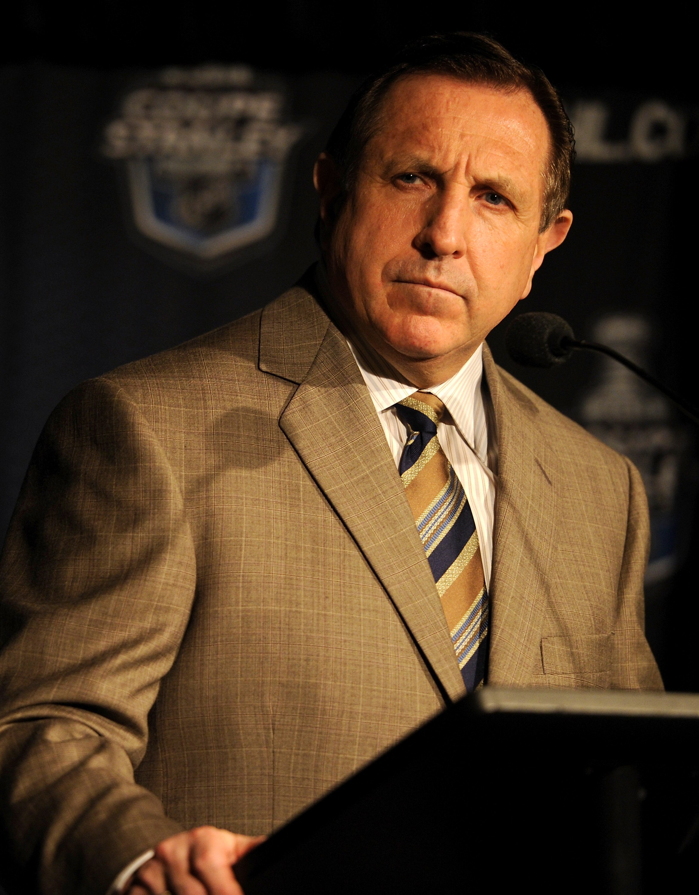 MONTREAL, CANADA - APRIL 21:  Jacques Martin of the Montreal Canadiens takes questions from the media after a loss to the Boston Bruins in Game Four of the Eastern Conference Quarterfinals during the 2011 NHL Stanley Cup Playoffs at the Bell Centre on Apr
