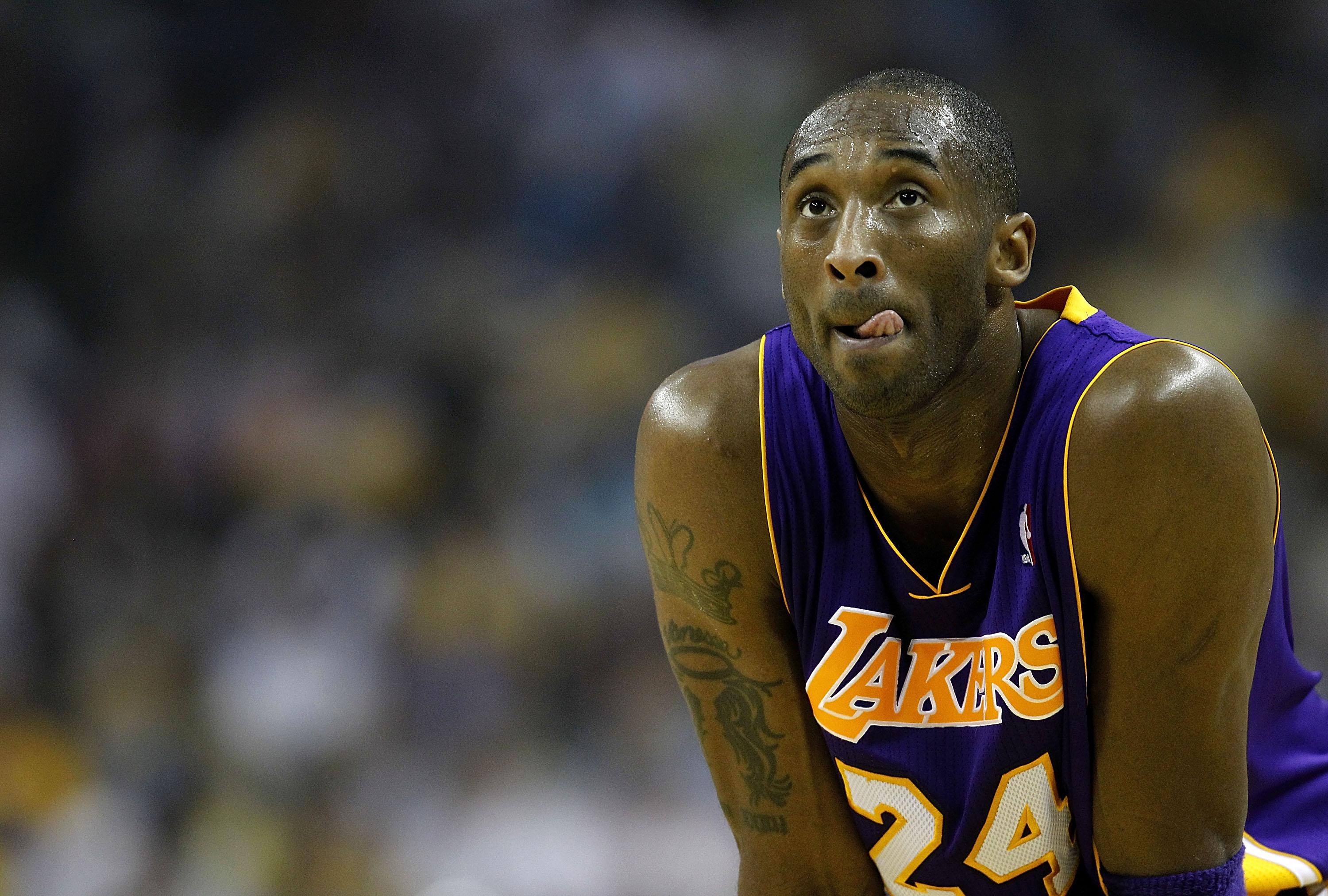 NEW ORLEANS - APRIL 24: Kobe Bryant #24 of the Los Angeles Lakers stands during a freethrow against the New Orleans Hornets in Game Four of the Western Conference Quarterfinals in the 2011 NBA Playoffs at New Orleans Arena on April 24, 2011 in New Orlean NEW ORLEANS - APRIL 24: Kobe Bryant #24 of the Los Angeles Lakers stands during a freethrow against the New Orleans Hornets in Game Four of the Western Conference Quarterfinals in the 2011 NBA Playoffs at New Orleans Arena on April 24, 2011 in New Orlean