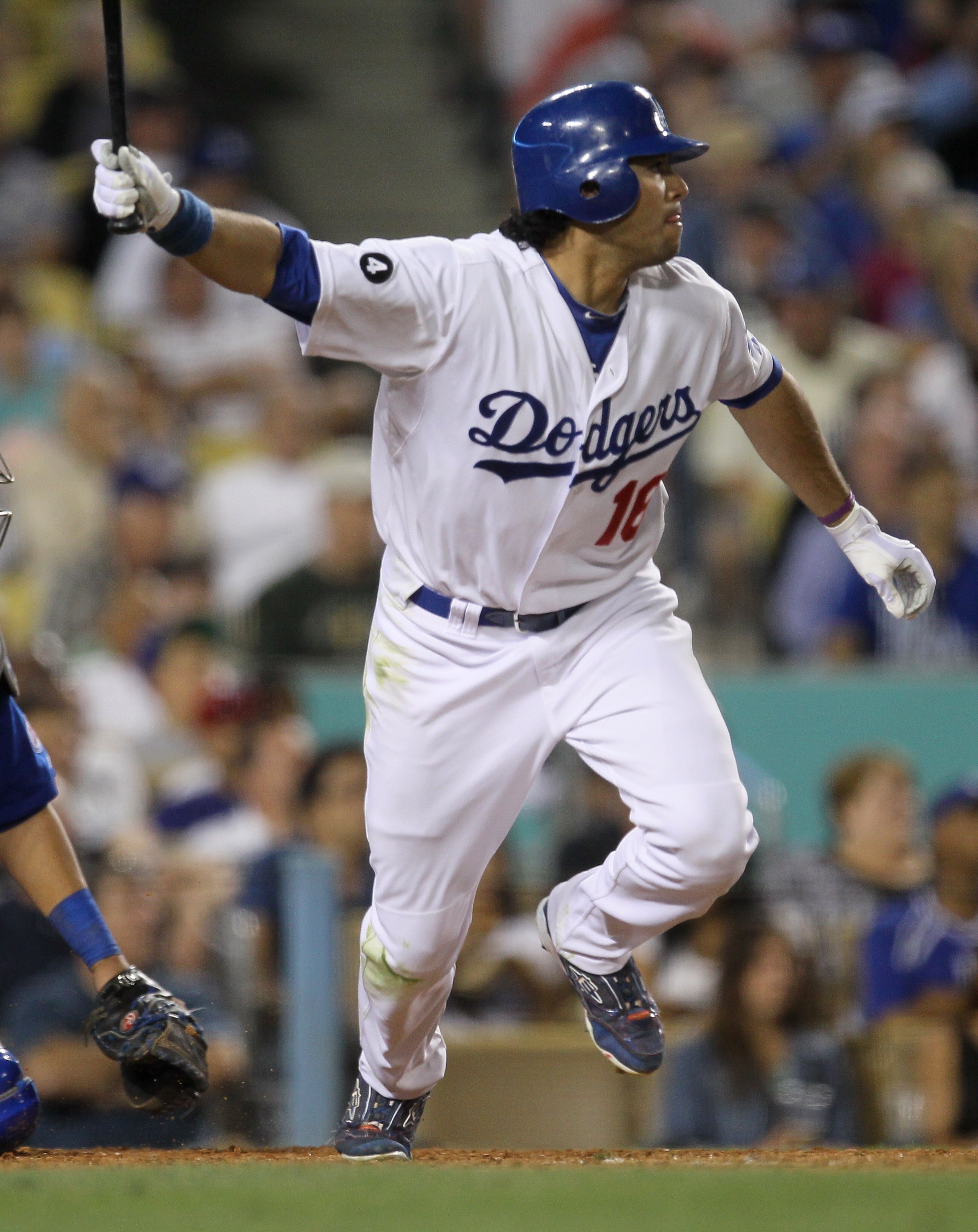 LOS ANGELES, CA - MAY 02:  Andre Ethier #16 of the Los Angeles Dodgers hits an RBI infield single in the fifth inning against the Chicago Cubs to extend his consecutive game hitting streak to 28 games on May 2, 2011 at Dodger Stadium in Los Angeles, Calif