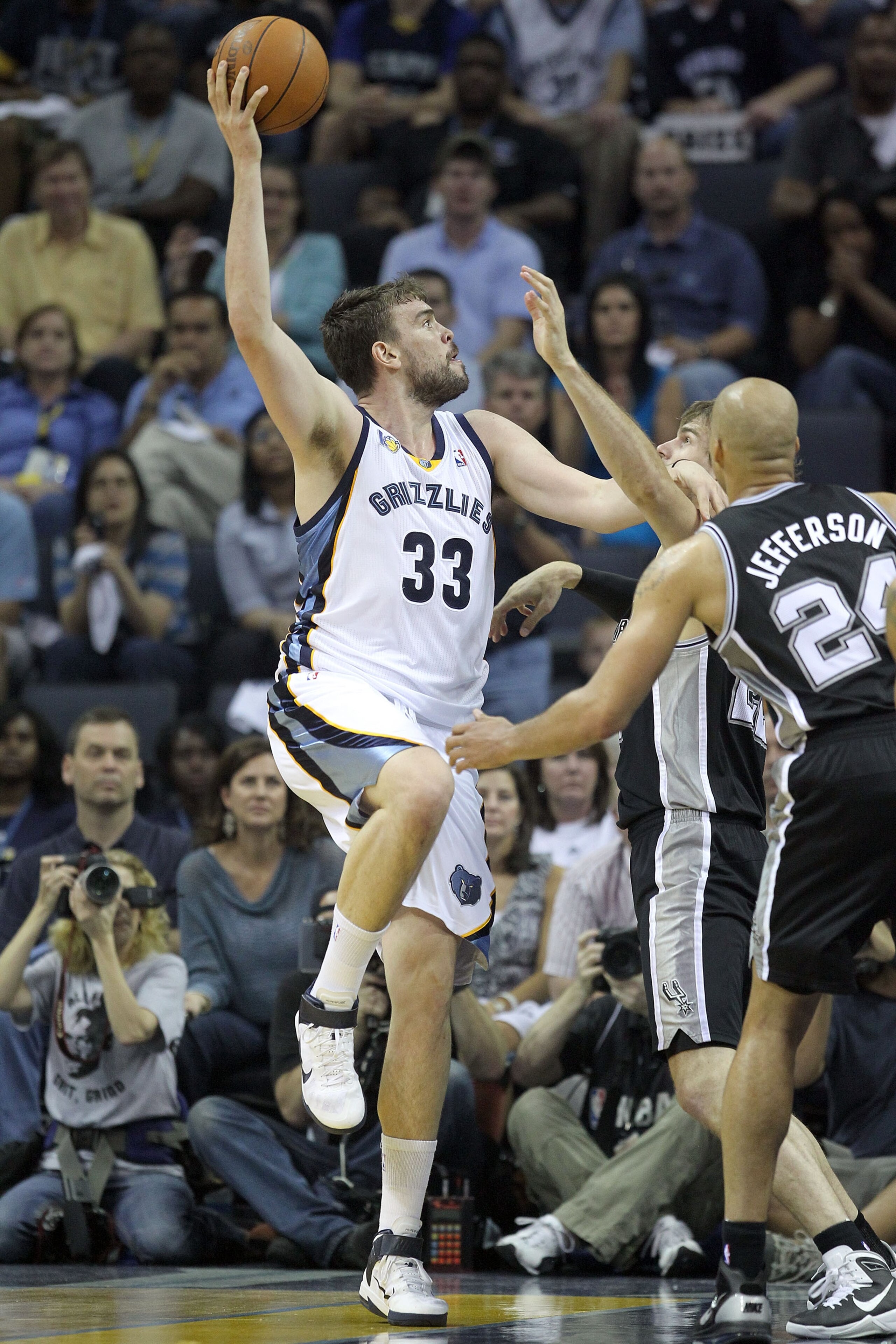 MEMPHIS, TN - APRIL 25: Marc Gasol #33 of the   Memphis Grizzliesshoot the ball during the game against the San Antonio Spurs in Game Four of the Western Conference Quarterfinals in the 2011 NBA Playoffs at FedExForum on April 25, 2011 in Memphis, Tenness