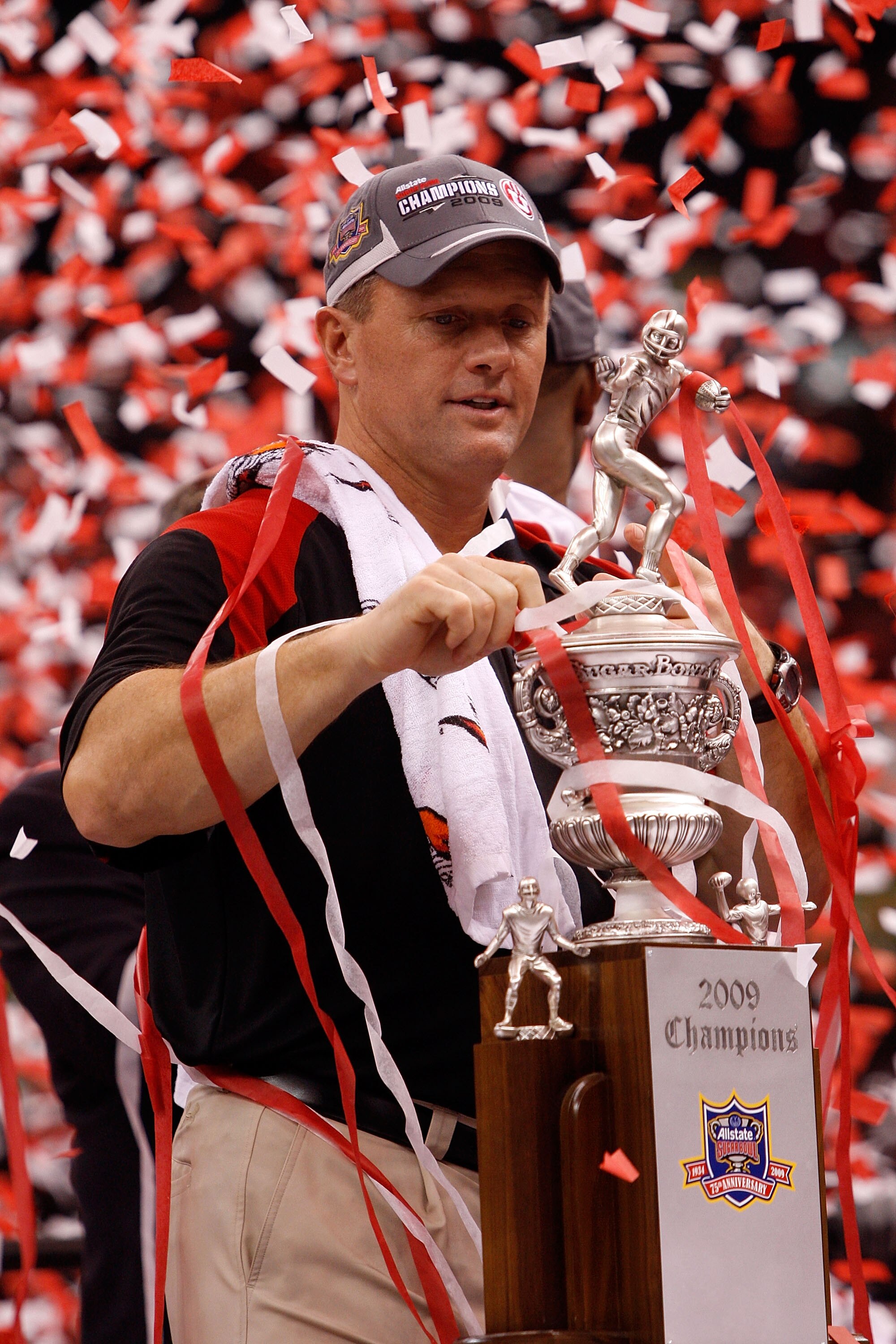 NEW ORLEANS - JANUARY 02:  Head coach Kyle Whittingham of the Utah Utes celebrates after defeating the Alabama Crimson Tide 31-17 during the 75th Allstate Sugar Bowl at the Louisiana Superdome on January 2, 2009 in New Orleans, Louisiana.  (Photo by Chris
