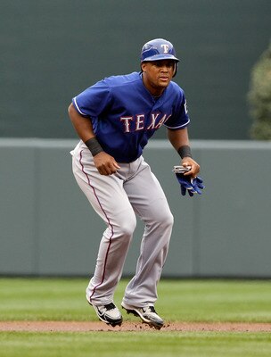 BALTIMORE, MD - APRIL 10:  Adrian Beltre #29 of the Texas Rangers leads off against the Baltimore Orioles at Oriole Park at Camden Yards on April 10, 2011 in Baltimore, Maryland.  (Photo by Rob Carr/Getty Images)