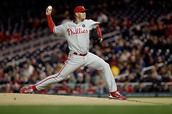 WASHINGTON, DC - APRIL 13:  Roy Halladay #34 of the Philadelphia Phillies delivers to a Washington Nationals batter at Nationals Park on April 13, 2011 in Washington, DC.  (Photo by Rob Carr/Getty Images)