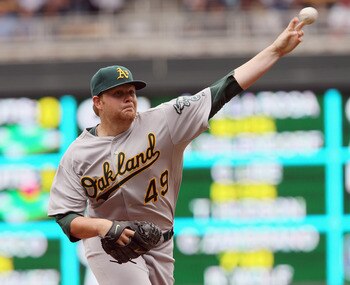 MINNEAPOLIS, MN - APRIL 08:  Brett Anderson #49 of the Oakland Athletics delivers a pitch against the Minnesota Twins during Opening Day on April 8, 2011 at Target Field in Minneapolis, Minnesota.  (Photo by Elsa/Getty Images)