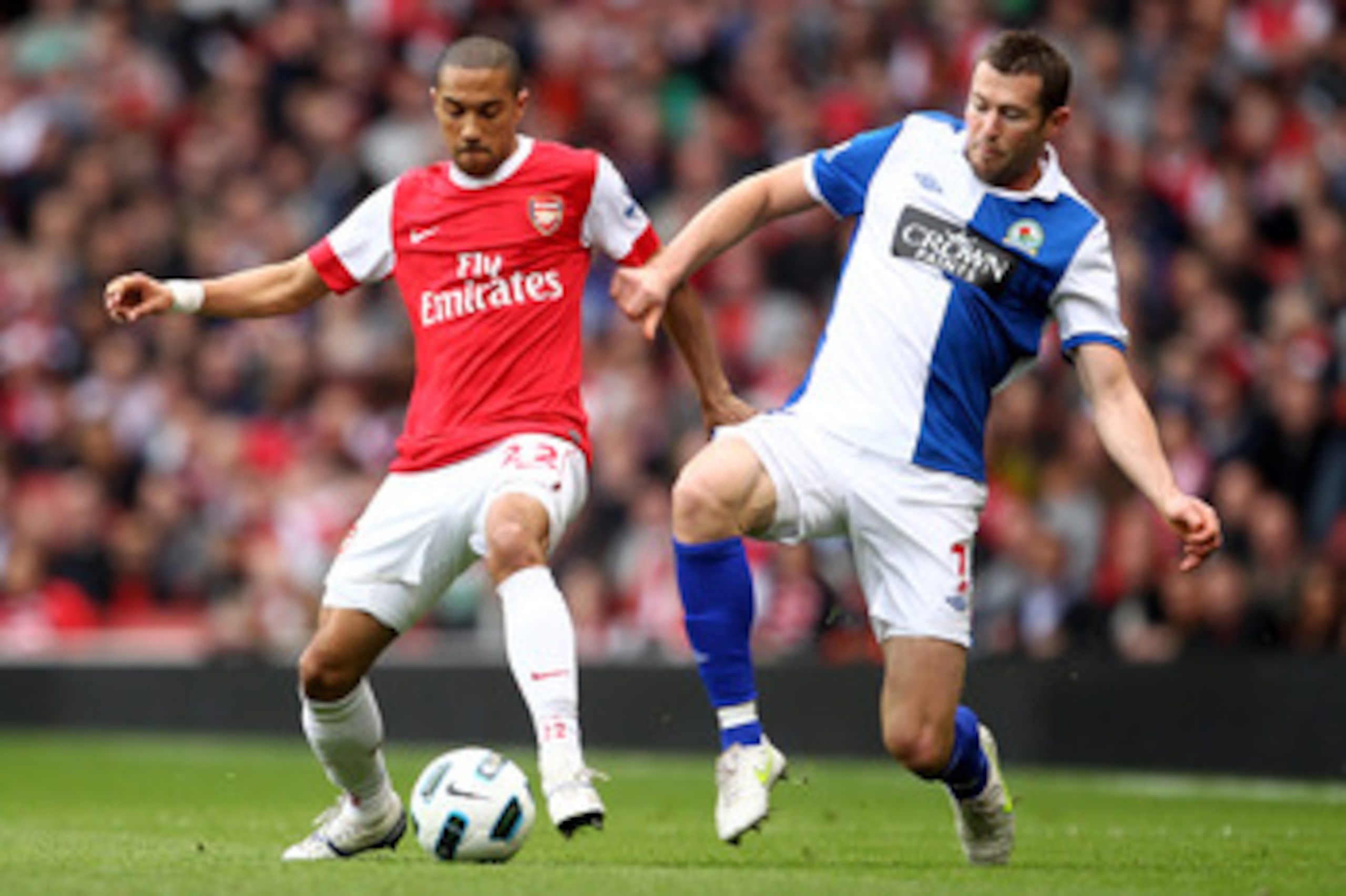 LONDON, ENGLAND - APRIL 02: Brett Emerton of Blackburn challenges Gael Clichy of Arsenal during the Barclays Premier League match between Arsenal and Blackburn Rovers at the Emirates Stadium on April 2, 2011 in London, England. (Photo by Julian Finney/G LONDON, ENGLAND - APRIL 02: Brett Emerton of Blackburn challenges Gael Clichy of Arsenal during the Barclays Premier League match between Arsenal and Blackburn Rovers at the Emirates Stadium on April 2, 2011 in London, England. (Photo by Julian Finney/G
