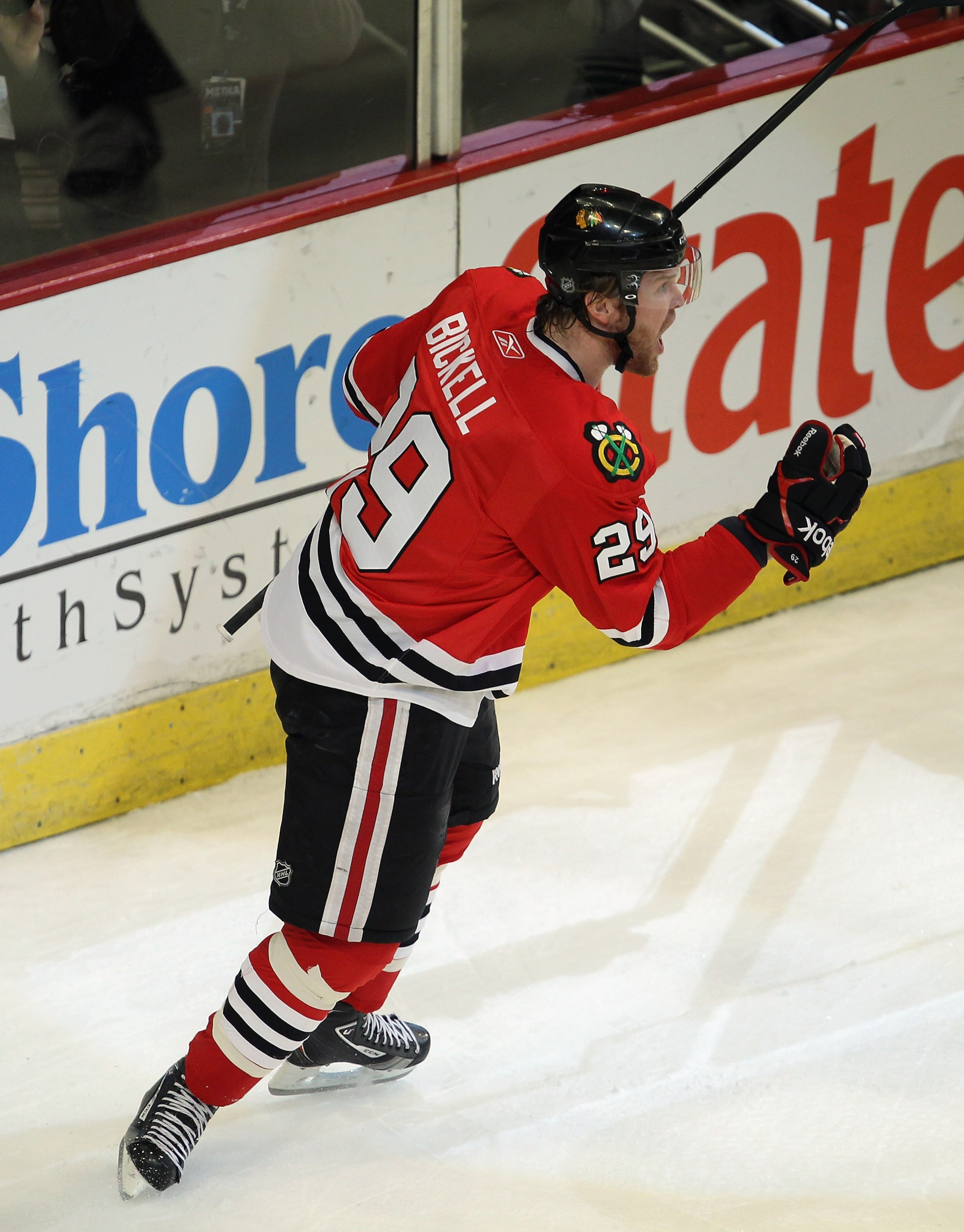CHICAGO, IL - APRIL 24: Bryan Bickell #29 of the Chicago Blackhawks celebrates his 1st period goal against the Vancouver Canucks in Game Six of the Western Conference Quarterfinals during the 2011 NHL Stanley Cup Playoffs at the United Center on April 24,