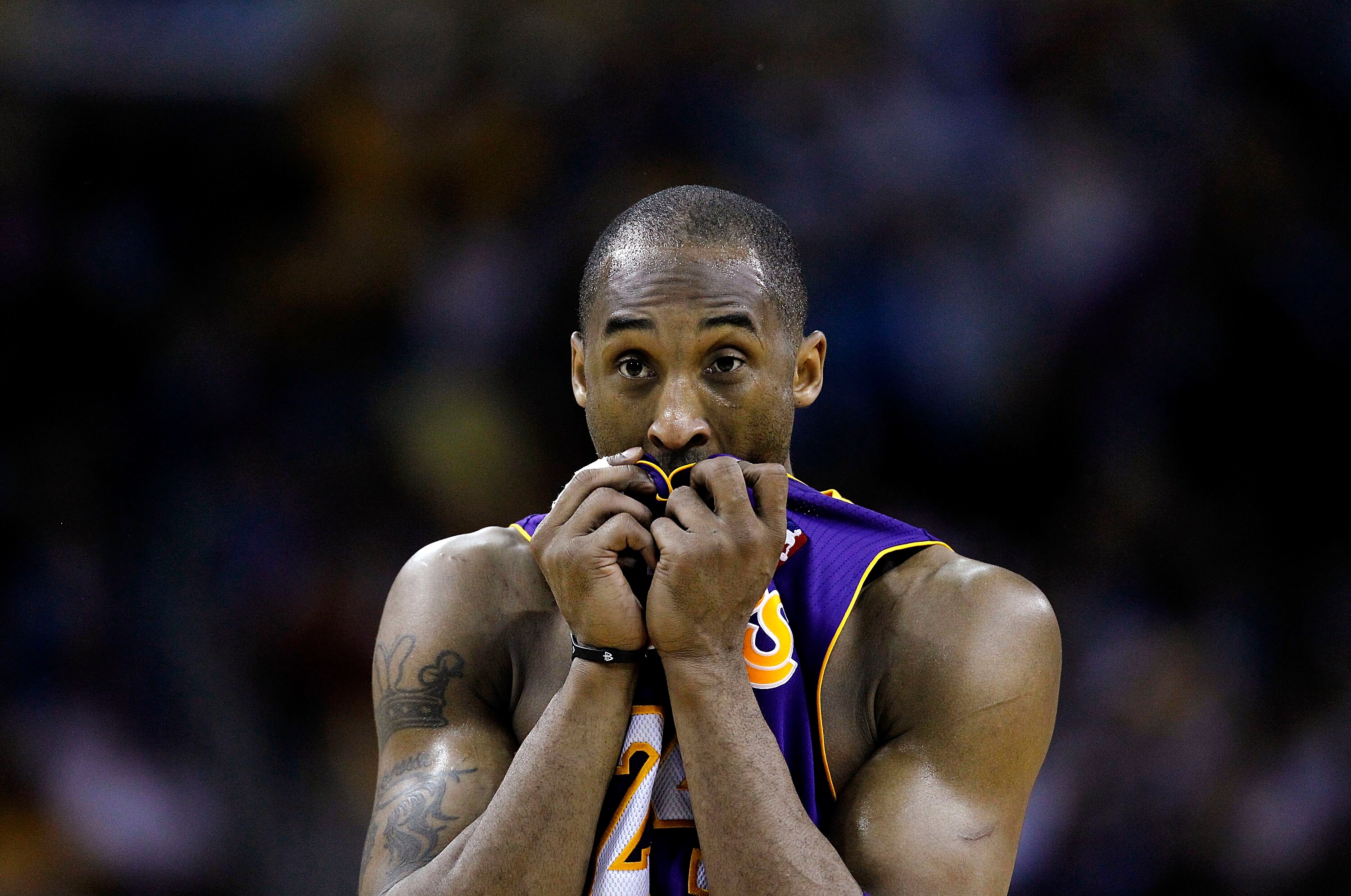NEW ORLEANS - APRIL 24:  Kobe Bryant #24 of the Los Angeles Lakers stands during a freethrow against the New Orleans Hornets in Game Four of the Western Conference Quarterfinals in the 2011 NBA Playoffs at New Orleans Arena on April 24, 2011 in New Orlean