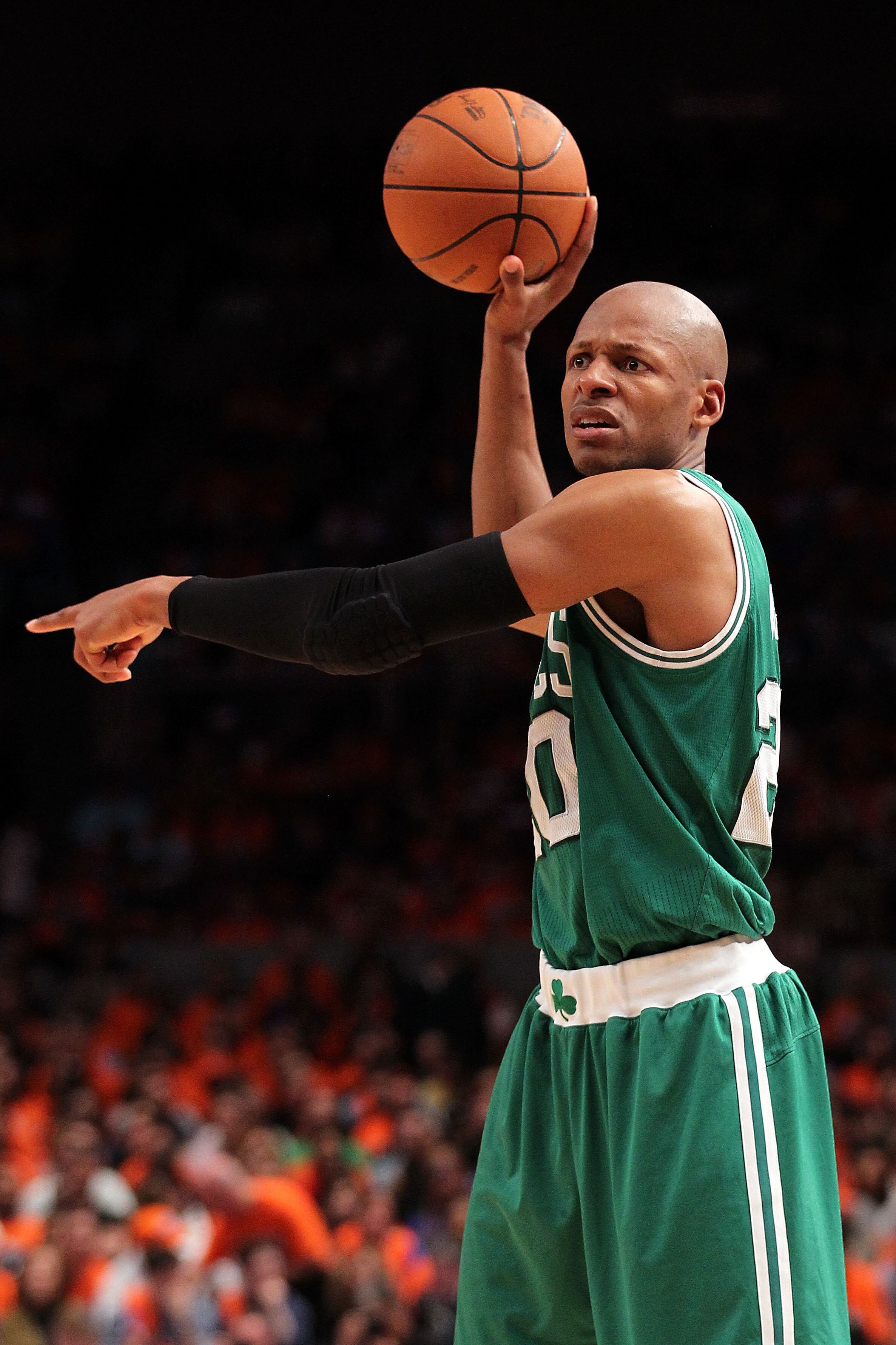 NEW YORK, NY - APRIL 24:  Ray Allen #20 of the Boston Celtics directs the offense against the New York Knicks in Game Four of the Eastern Conference Quarterfinals during the 2011 NBA Playoffs on April 24, 2011 at Madison Square Garden in New York City. NO