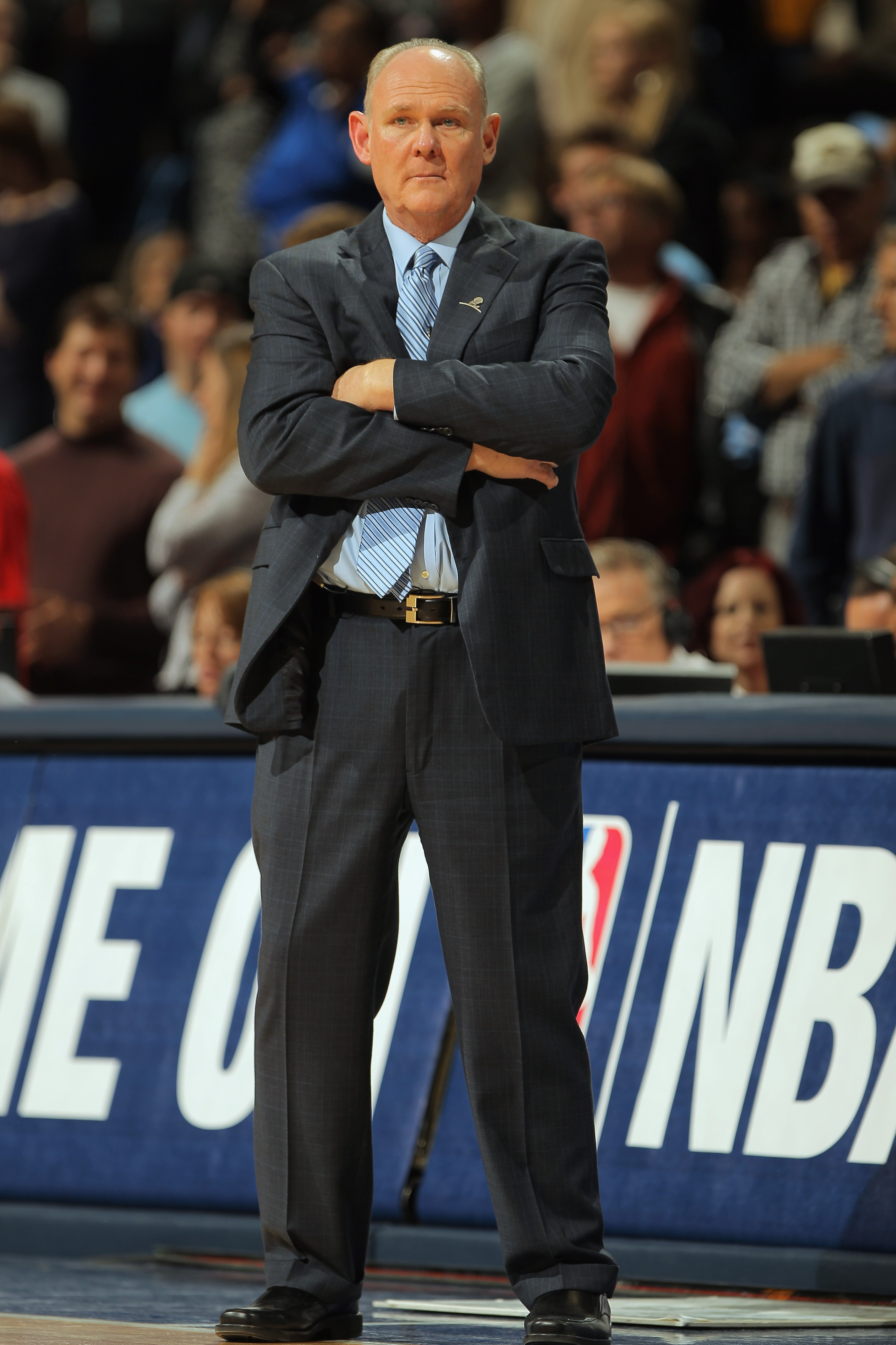 DENVER, CO - APRIL 23:  Head coach George Karl of the Denver Nuggets leads his team against the Oklahoma City Thunder in Game Three of the Western Conference Quarterfinals in the 2011 NBA Playoffs on April 23, 2011 at the Pepsi Center in Denver, Colorado.
