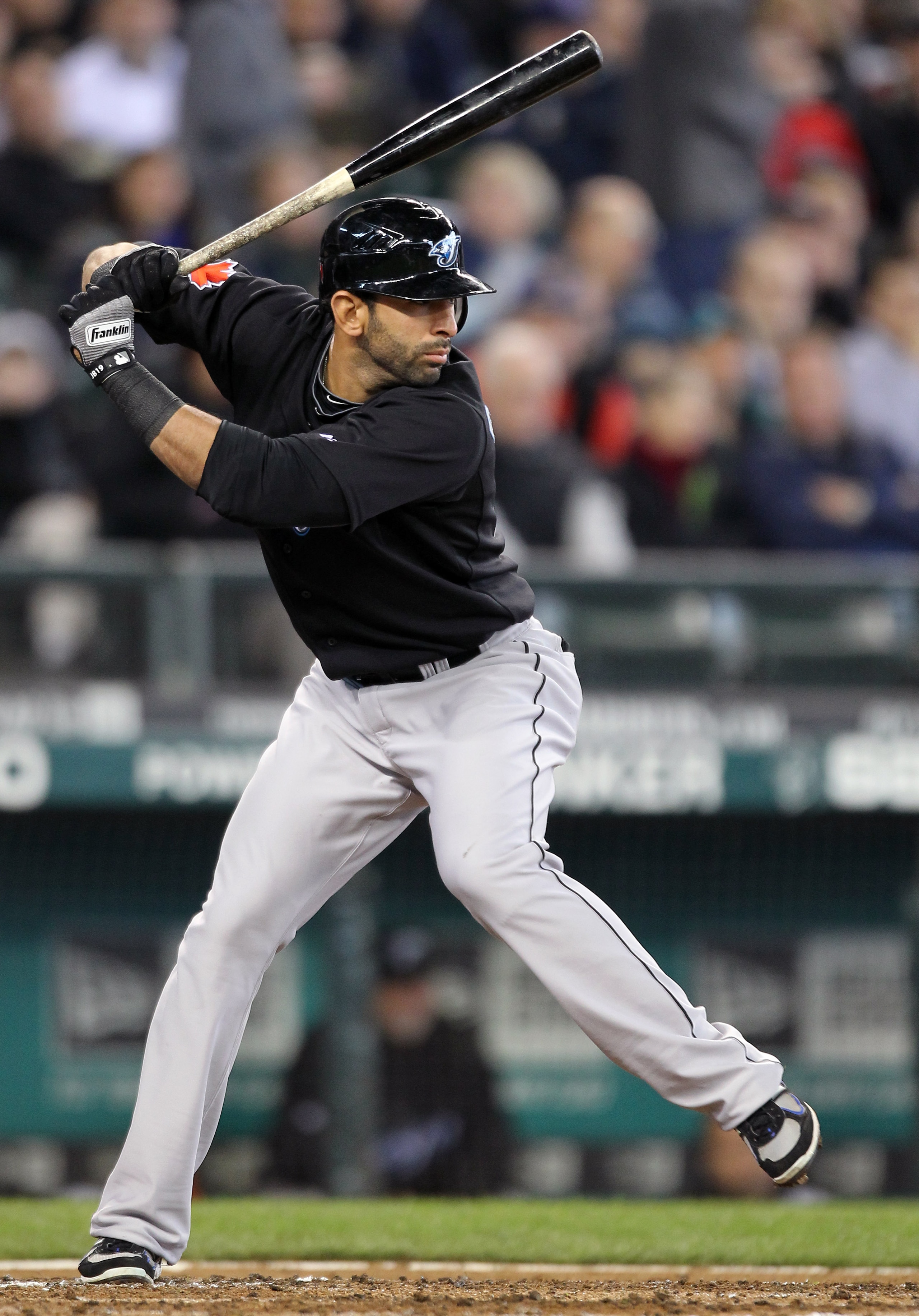 SEATTLE, WA - APRIL 13:  Jose Bautista #19 of the Toronto Blue Jays bats against the Seattle Mariners at Safeco Field on April 13, 2011 in Seattle, Washington. (Photo by Otto Greule Jr/Getty Images)
