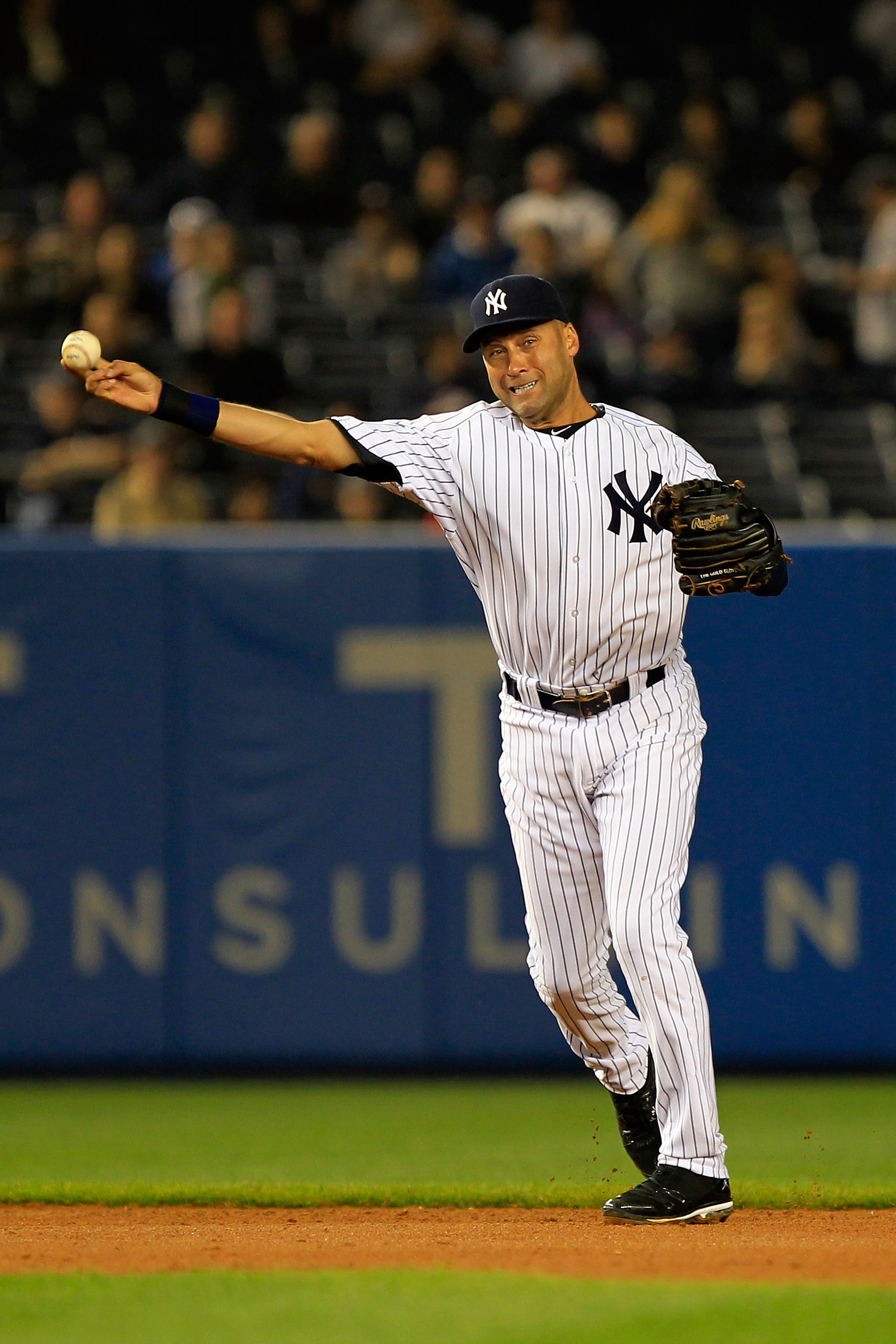 NEW YORK, NY - APRIL 25:  Derek Jeter #2 of the New York Yankees throws to first base in the fourth inning against the Chicago White Sox at Yankee Stadium on April 25, 2011 in the Bronx borough of New York City.  (Photo by Chris Trotman/Getty Images)