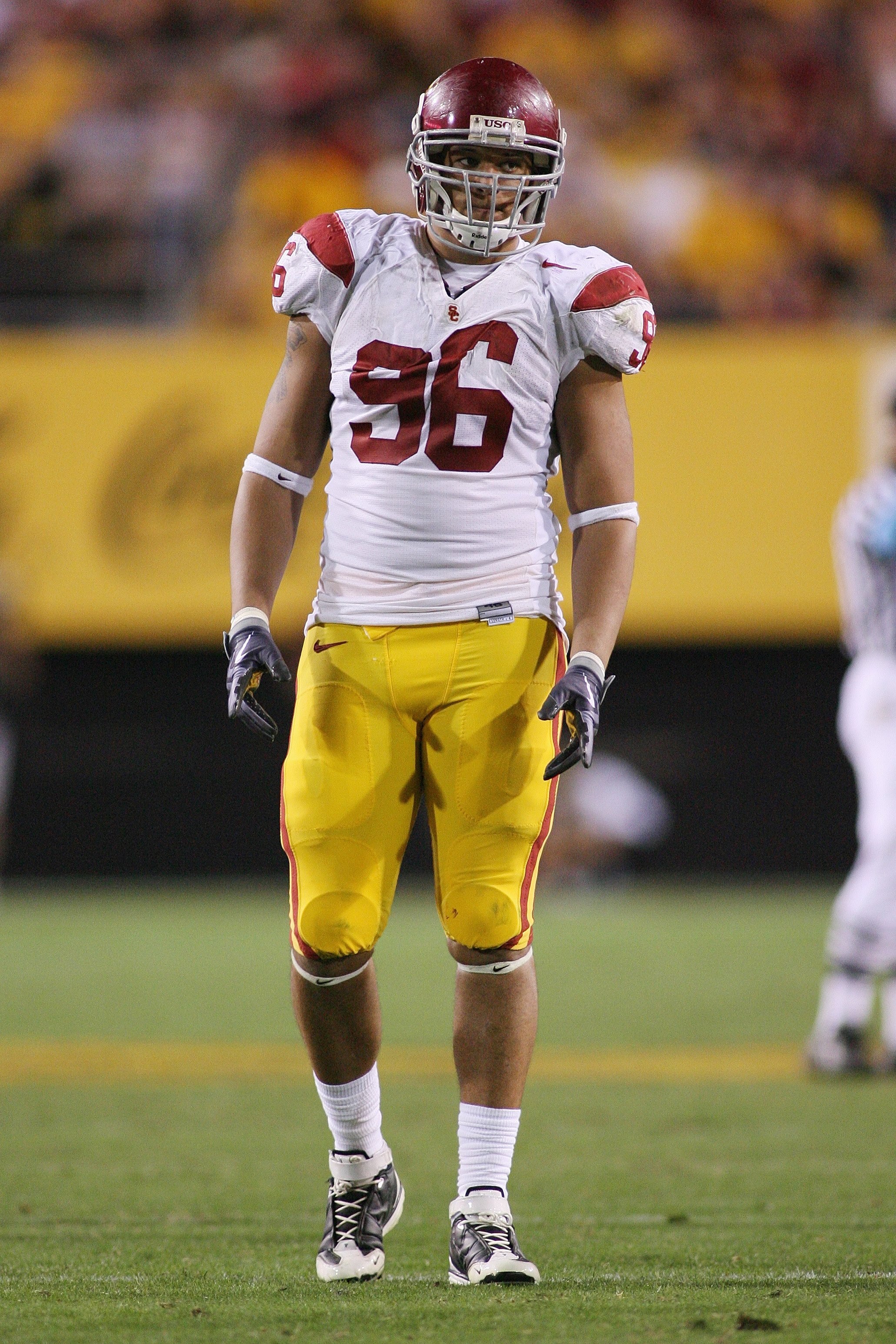 TEMPE, AZ - NOVEMBER 7:  Wes Horton #96 of the USC Trojans looks to the sideline against the Arizona State Sun Devils on November 7, 2009 at Sun Devil Stadium in Tempe, Arizona.  USC won 14-9.  (Photo by Jeff Golden/Getty Images)