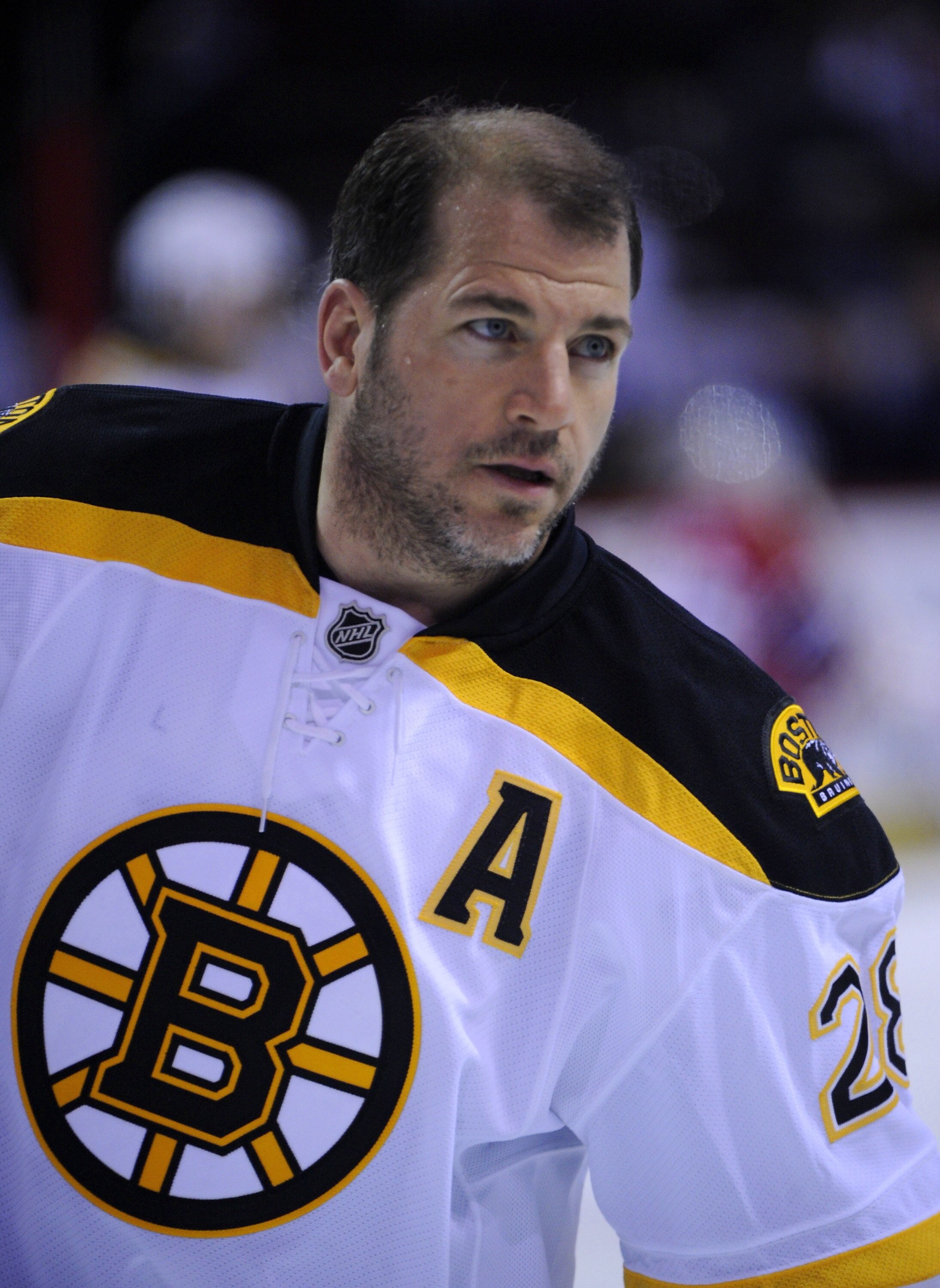 MONTREAL, CANADA - APRIL 21:  Mark Recchi #28 of the Boston Bruins skates in warmup before Game Four of the Eastern Conference Quarterfinals against the Montreal Canadiens during the 2011 NHL Stanley Cup Playoffs at the Bell Centre on April 21, 2011 in Mo