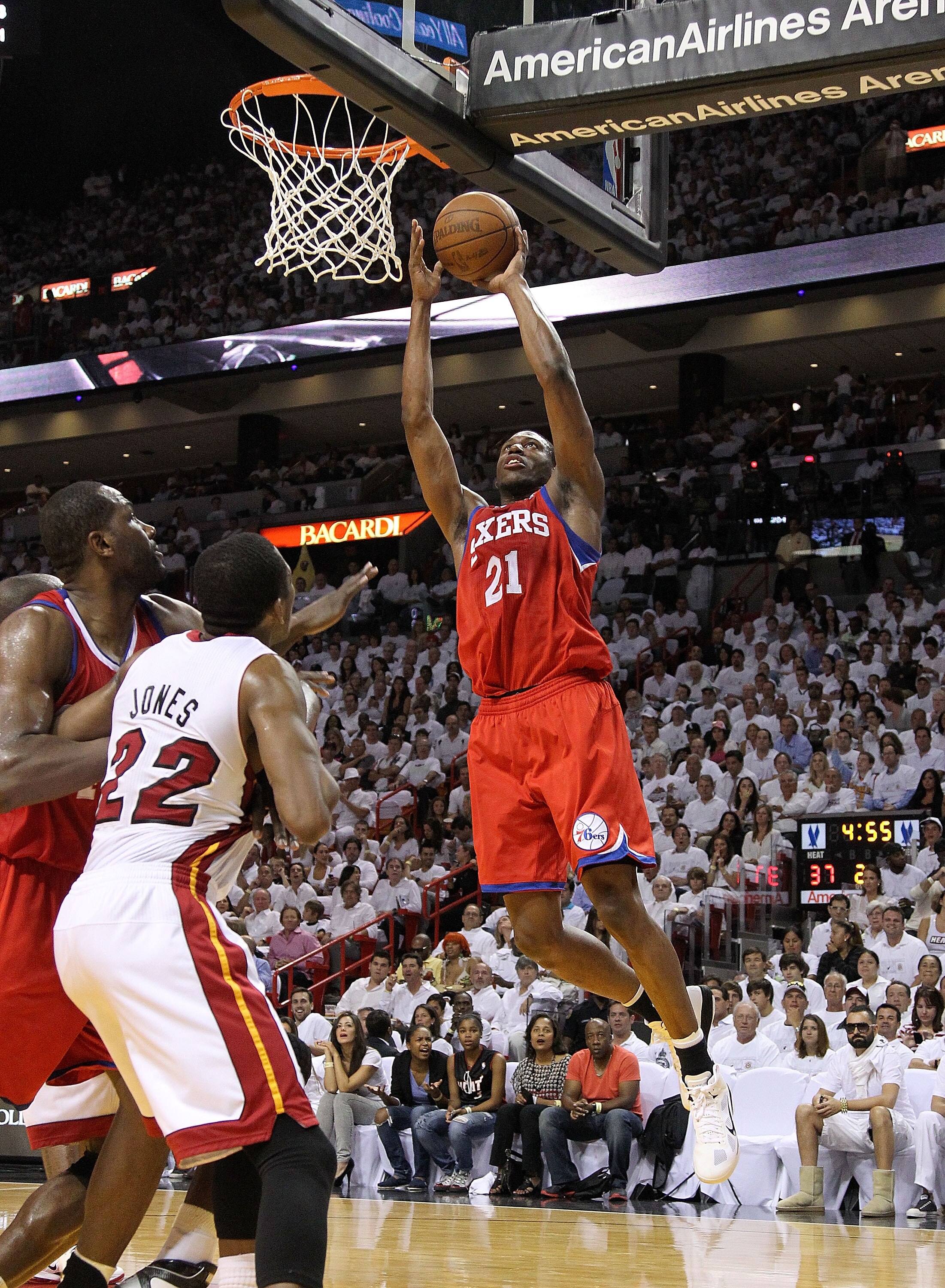 MIAMI, FL - APRIL 18: Thaddeus Young #21  of the Philadelphia 76ers lays the ball in  during game two of the Eastern Conference Quarterfinals against the Miami Heat  at American Airlines Arena on April 18, 2011 in Miami, Florida. NOTE TO USER: User expres