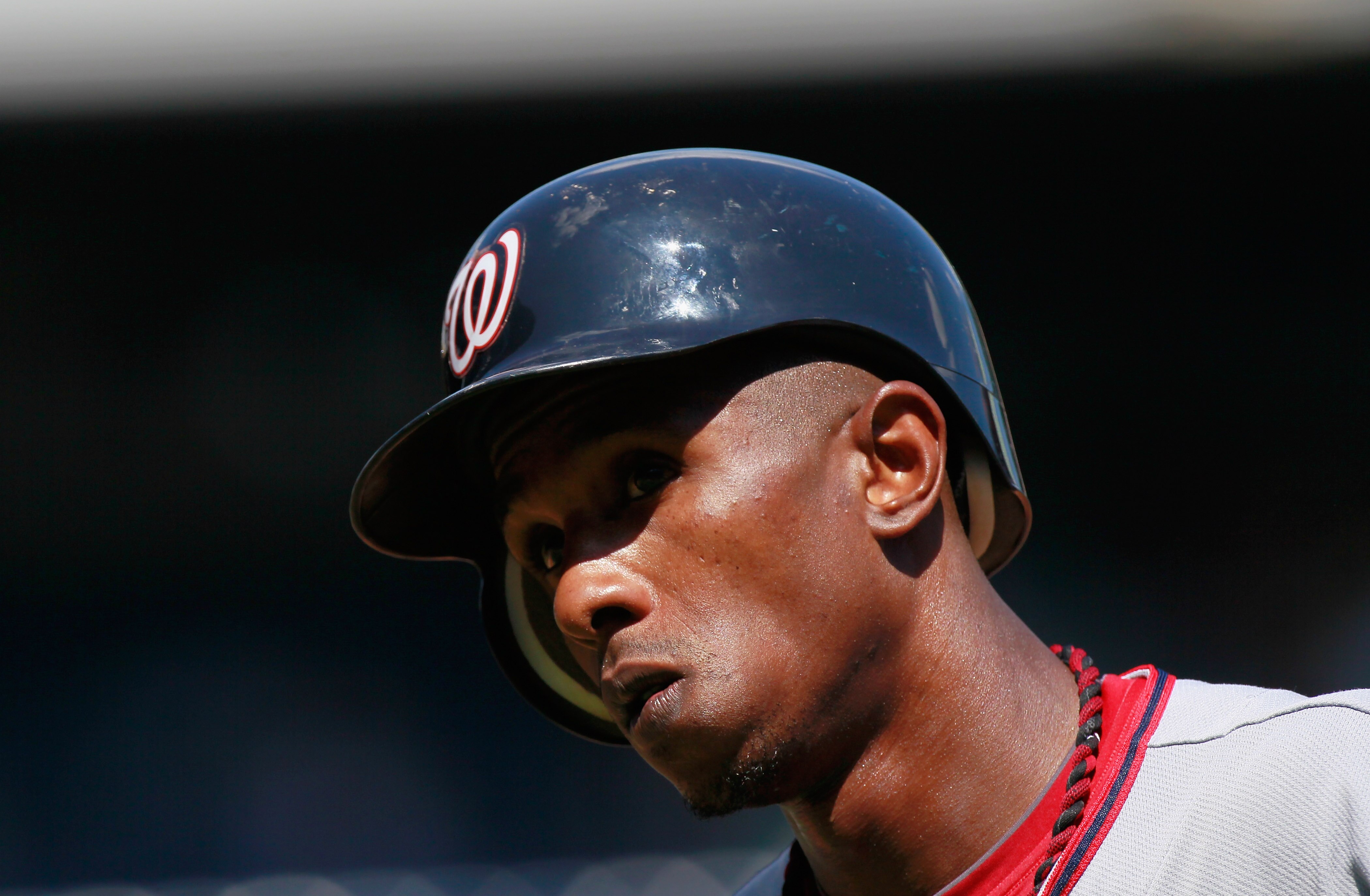 ATLANTA - SEPTEMBER 15:  Nyjer Morgan #1 of the Washington Nationals against the Atlanta Braves at Turner Field on September 15, 2010 in Atlanta, Georgia.  (Photo by Kevin C. Cox/Getty Images)