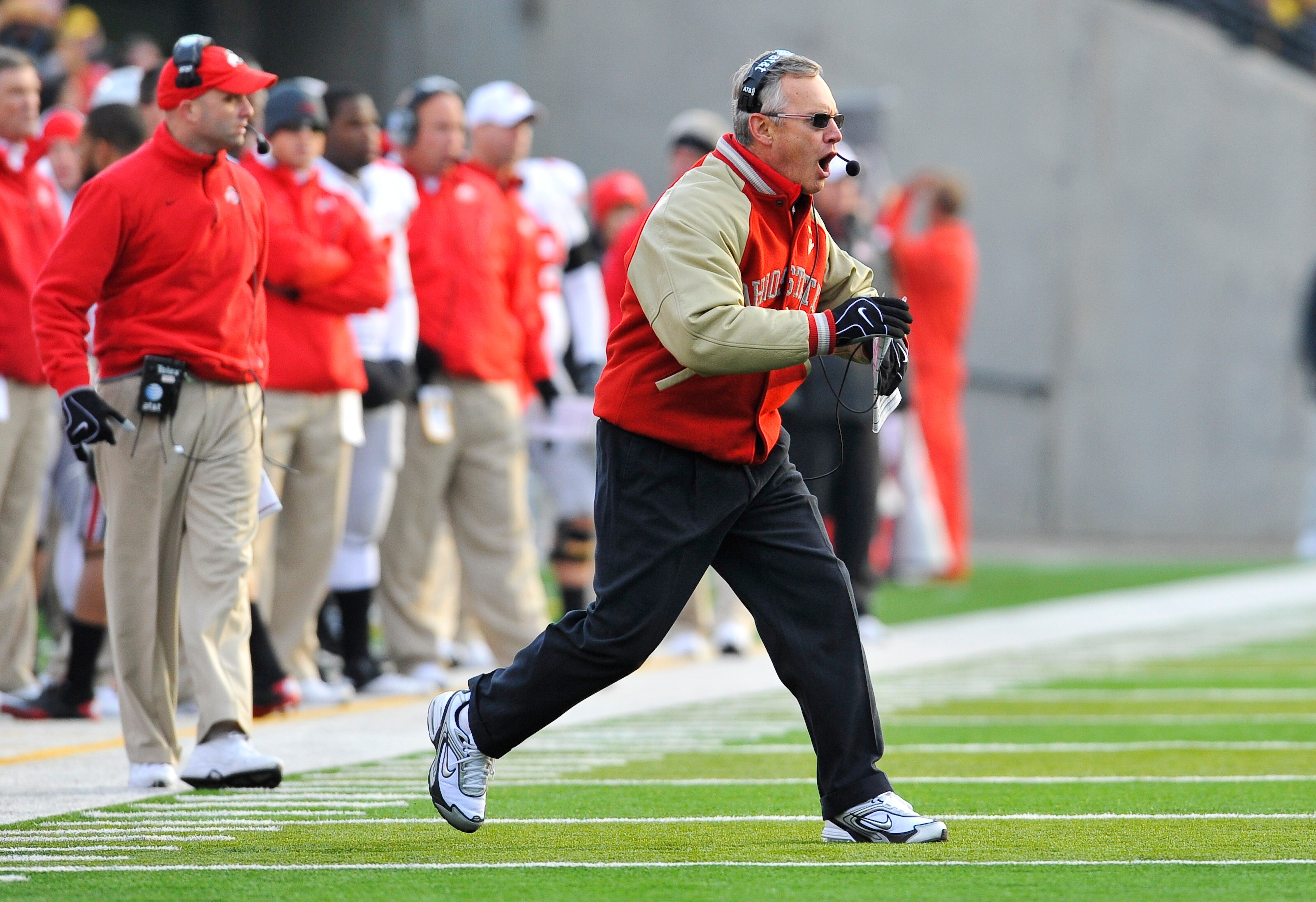 IOWA CITY, IA - NOVEMBER 20: Ohio State Buckeyes head coach Jim Tressel argues a call by officials during play against the University of Iowa Hawkeyes during the first half of play at Kinnick Stadium on November 20, 2010 in Iowa City, Iowa. Ohio State won