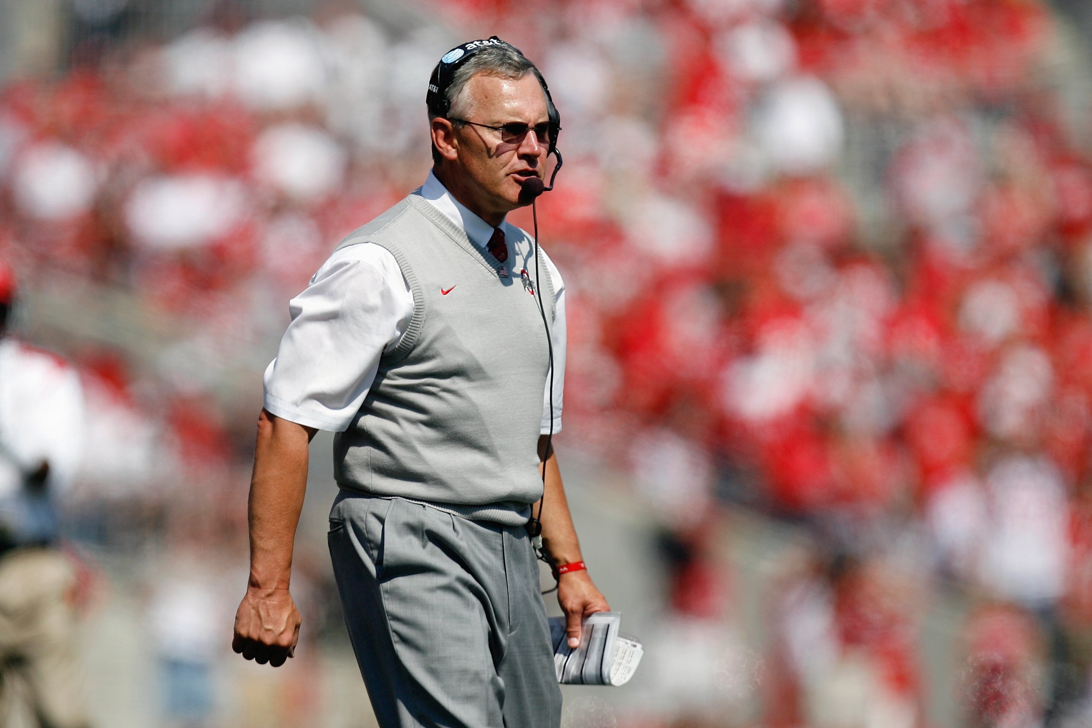 COLUMBUS, OH - SEPTEMBER 20:  Head coach Jim Tressel of the Ohio State Buckeyes walks on the sidelines during the game against the Troy Trojans on September 20, 2008 at Ohio Stadium in Columbus, Ohio. Ohio State won the game 28-10. (Photo by Gregory Shamu