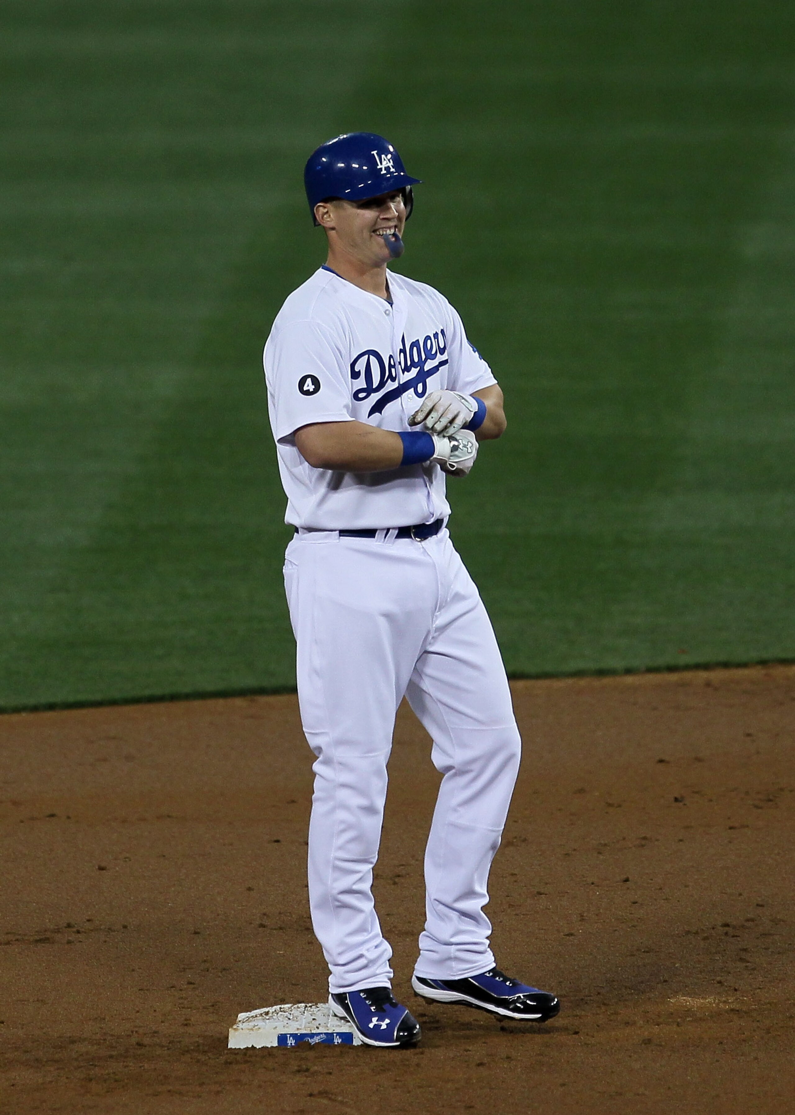 LOS ANGELES, CA - APRIL 18:  Jerry Sands #47 of the Los Angeles Dodgers stands on second base after hitting a double in his first Major League at bat in the second inning against the Atlanta Braves on April 18, 2011 at Dodger Stadium in Los Angeles, Calif