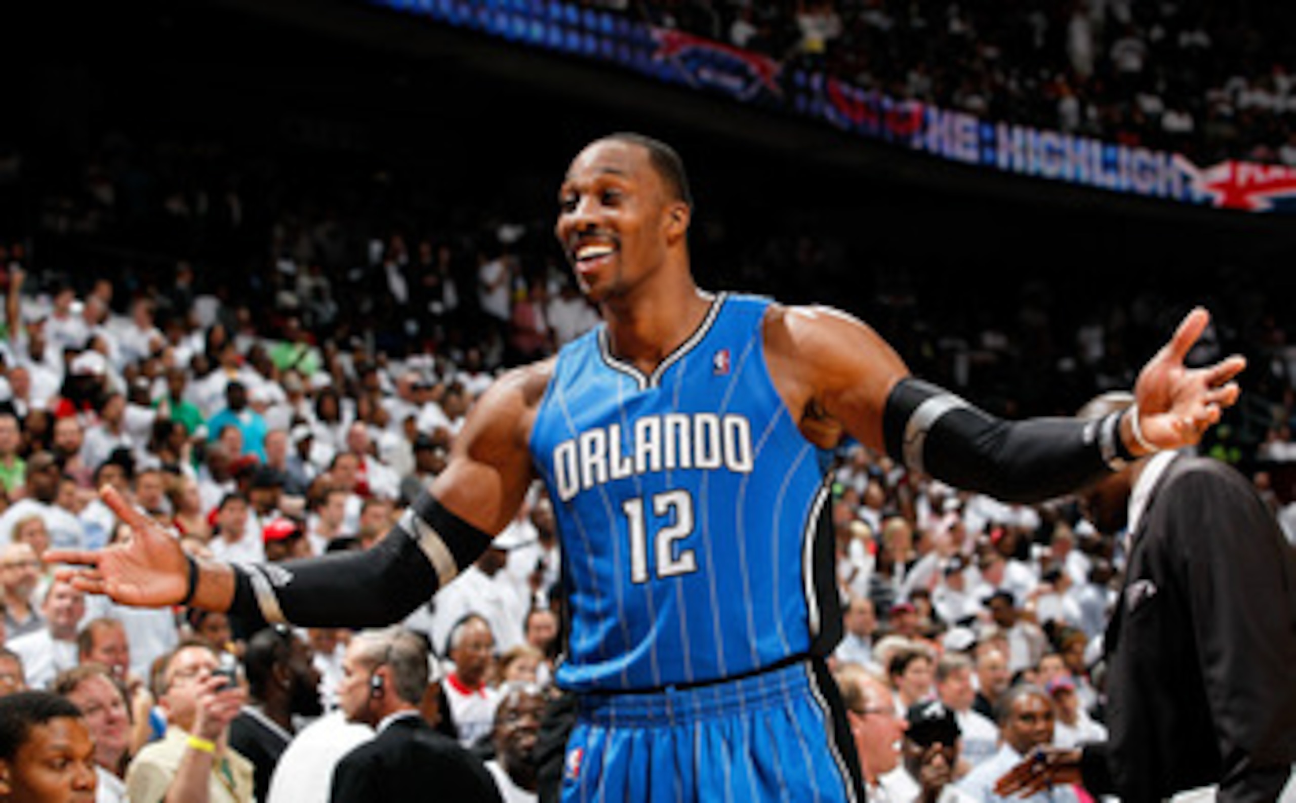 ATLANTA, GA - APRIL 22:  Dwight Howard #12 of the Orlando Magic reacts after being called for a technical foul against the Atlanta Hawks during Game Three of the Eastern Conference Quarterfinals in the 2011 NBA Playoffs at Philips Arena on April 22, 2011